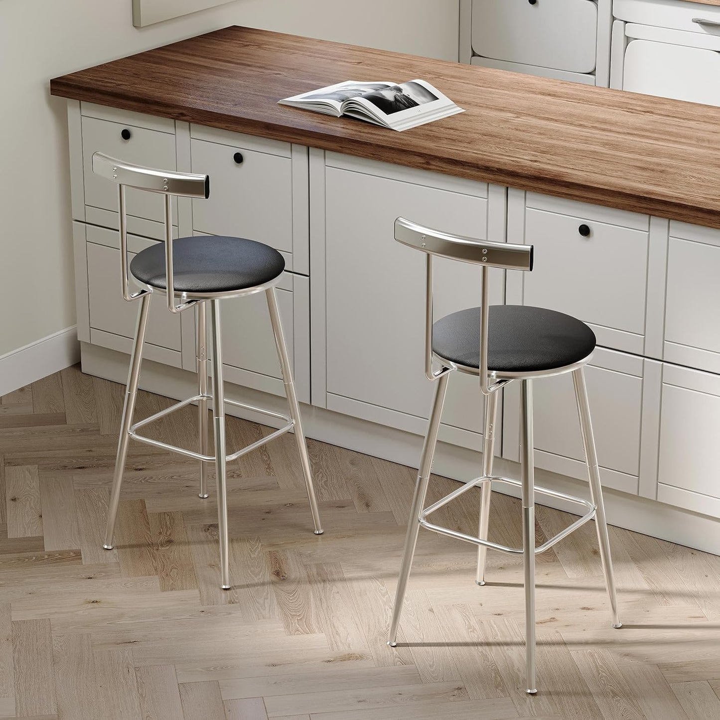 Bar Stools, Set of 2 High Kitchen Barstools, Bar Chairs with Backrest and Footrest, Industrial Counter Stools with PU Soft seat, for Kitchen, Living Room, Pub, Silvery BS-011SI
