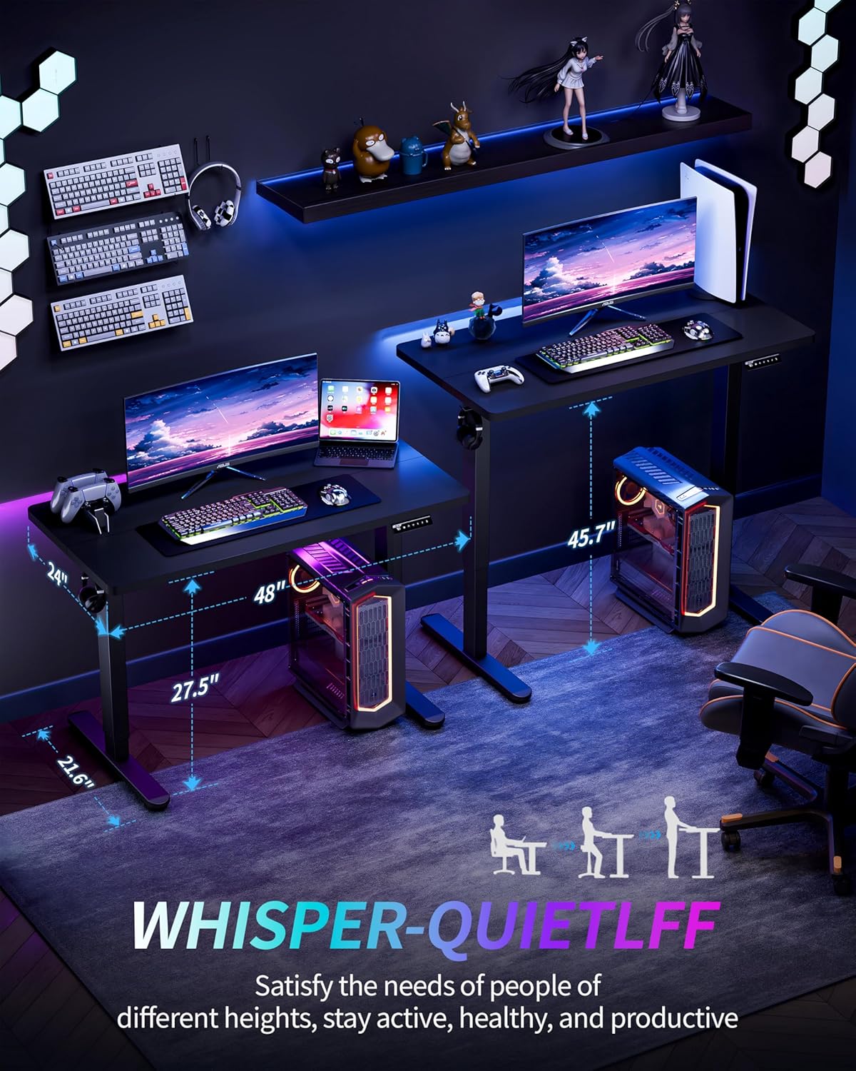 Standing Desk Electric Adjustable Computer Desk-Stand up Desk Office Gaming Home Office Memory Desks 48x24 inches Black