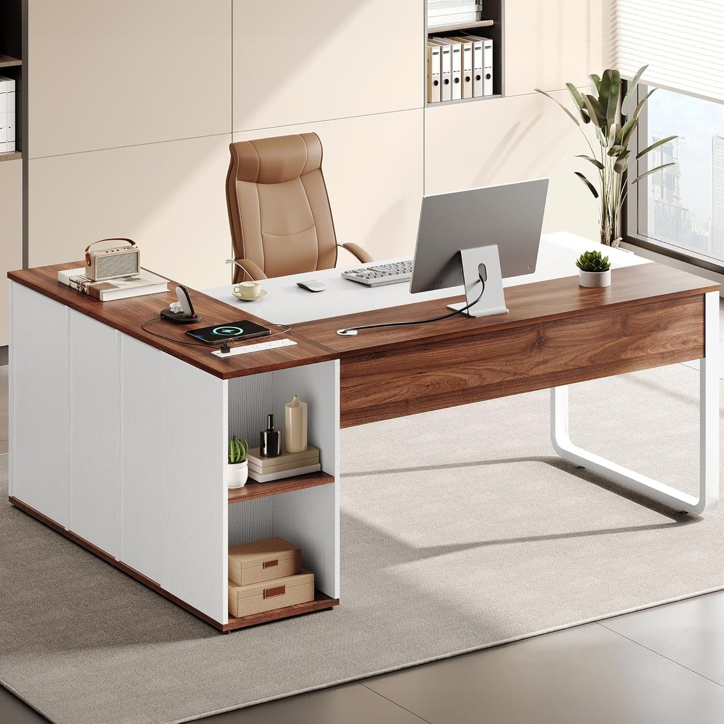 YITAHOME Executive Desk with Power Outlets, 71" L Shaped Desk with File Cabinet, Executive Desk with Drawers & Storage Shelves, Corner Office Desk with Bookshelf for Home Office, Walnut & White