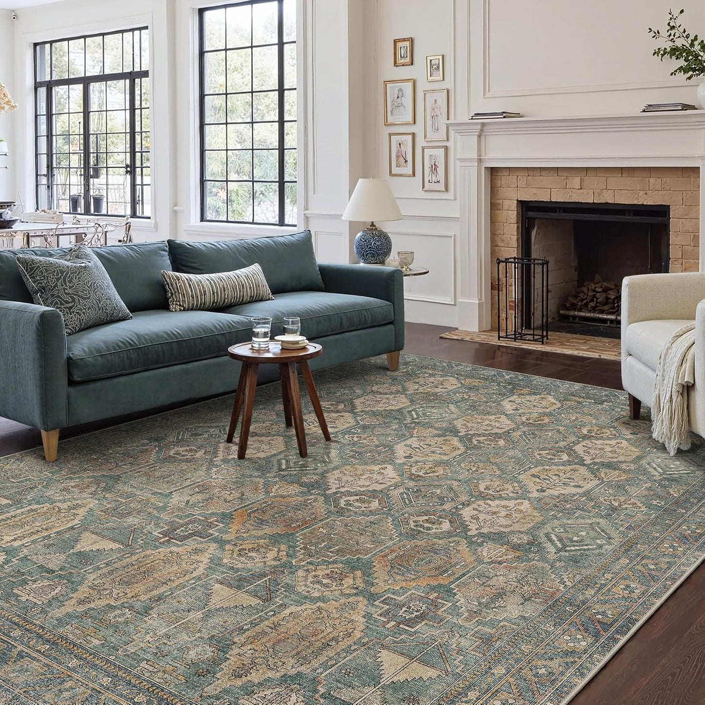 GENIMO 5x7 Area Rugs for Living Room, Machine Washable Non Slip Vintage Rugs, Low Pile Lightweight Chenille Print Rug for Bedroom, Dining Room, Home Office, Sage Teal