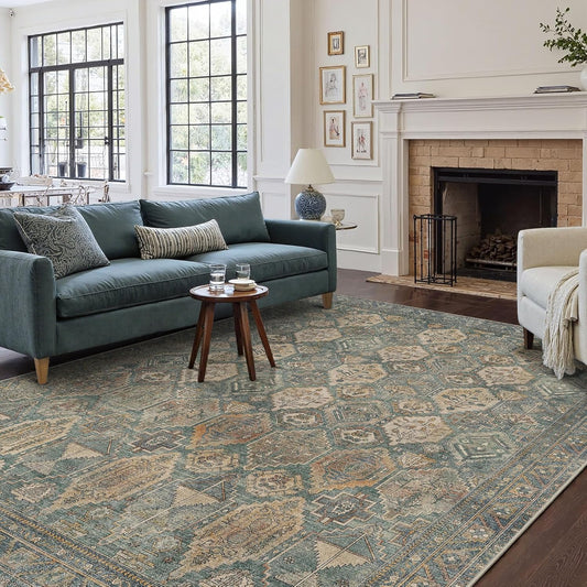 GENIMO 8x10 Area Rugs for Living Room, Machine Washable Non Slip Vintage Rugs, Low Pile Lightweight Chenille Print Rug for Bedroom, Dining Room, Home Office, Sage Teal