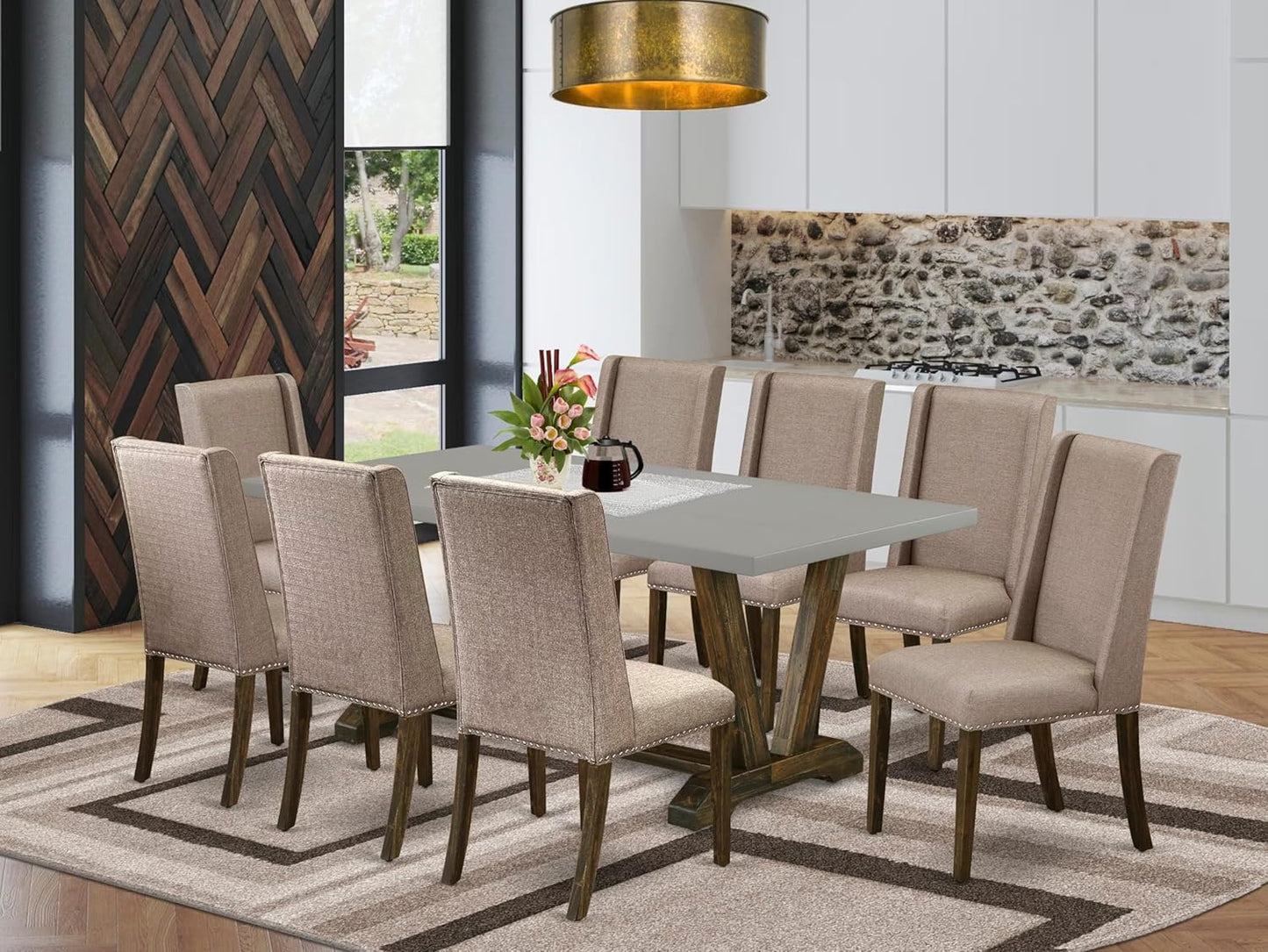East West Furniture V797FL716-9 9 Piece Dining Room Table Set Includes a Rectangle Dining Table with V-Legs and 8 Dark Khaki Linen Fabric Upholstered Chairs, 40x72 Inch, Multi-Color