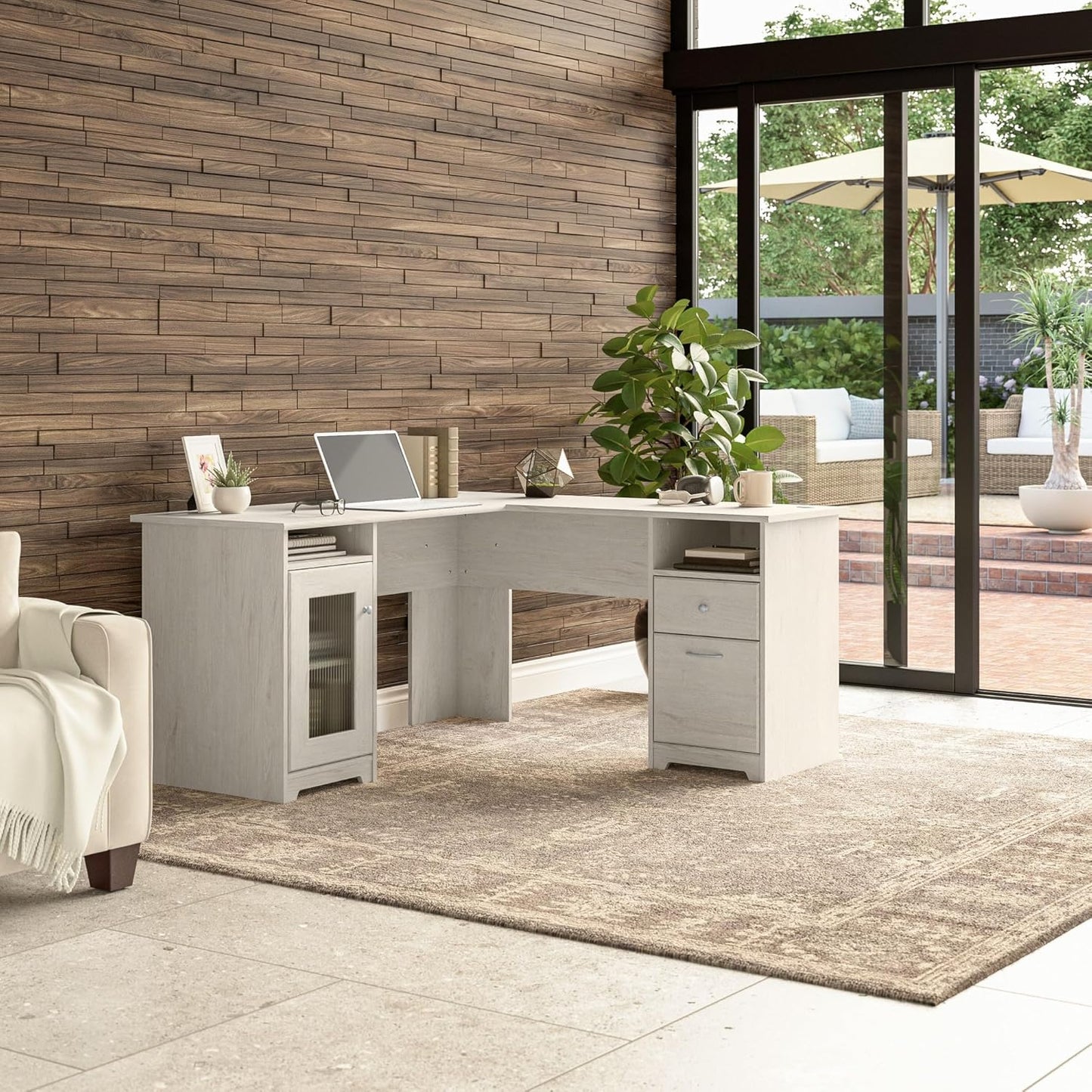 Bush Furniture Cabot 60W L Shaped Computer Desk in Linen White Oak