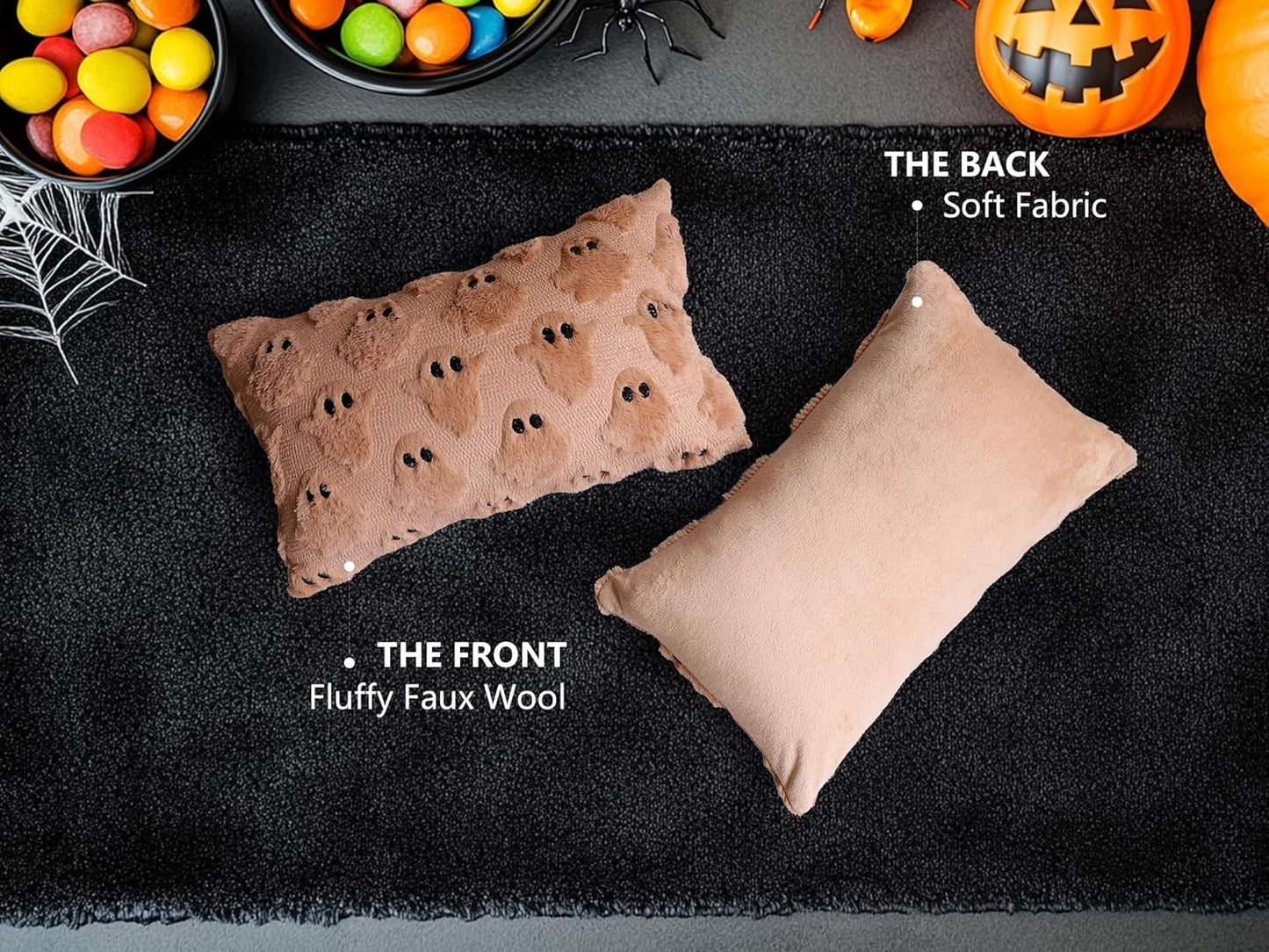 4TH Emotion Halloween Ghost Decorative Lumbar Pillow Covers 12x20 Set of 2, Light Brown Soft Plush Faux Fur Farmhouse Throw Cushion Cases for Fall Autumn Holiday Home Decorations