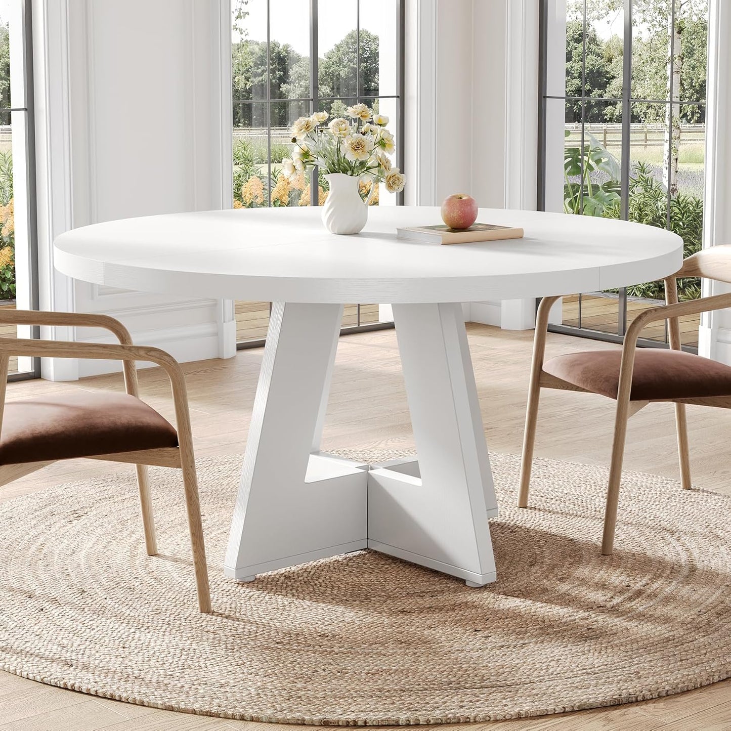 LITTLE TREE Round Dining Table for 4-6 People, 47 Inches White Circle Dinner Kitchen Dining Room Table with Wooden Pedestal Base for Kitchen, Living Room