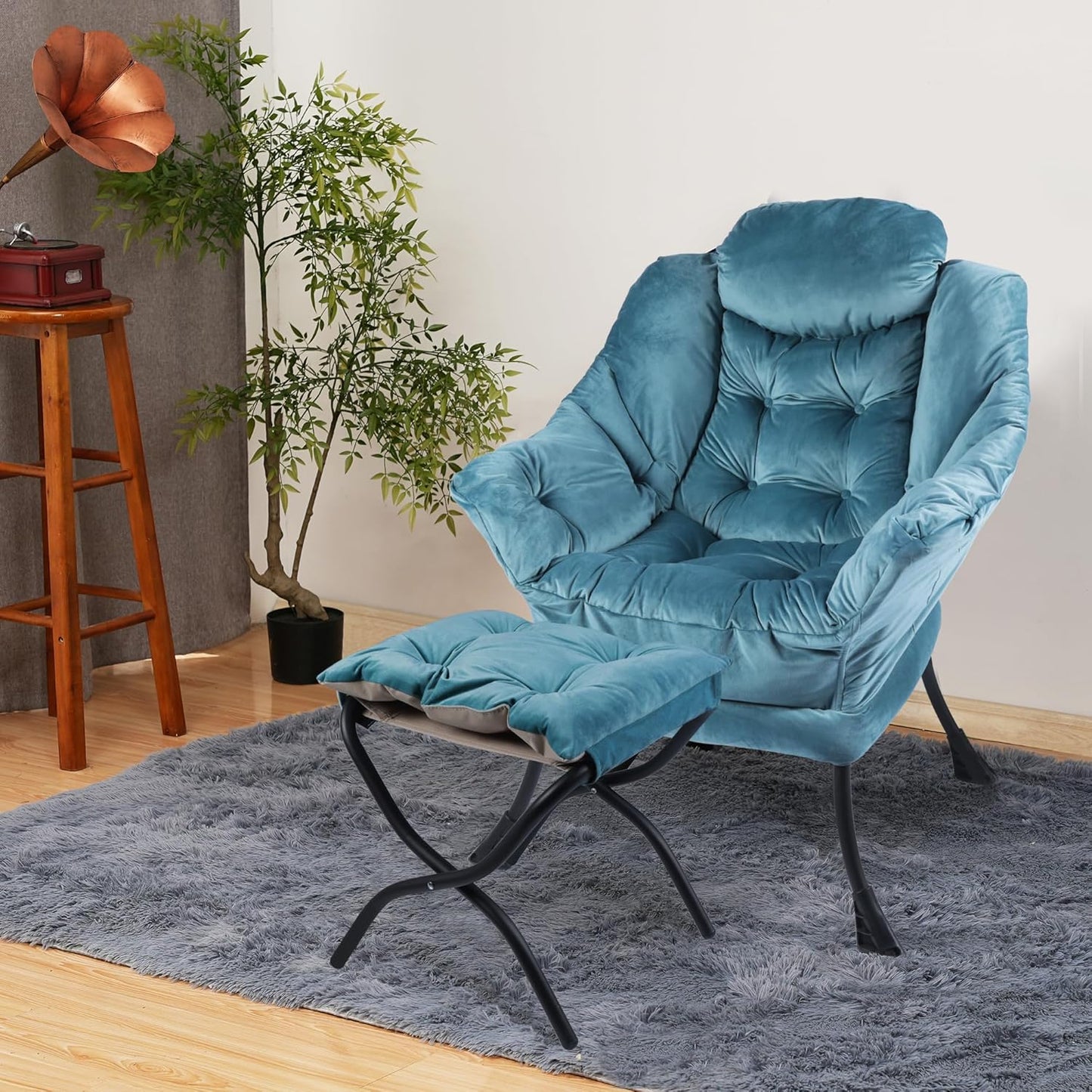 Lazy Chair with Folding Ottoman,Living Room Chairs, Accent Contemporary Lounge Chair, Single Steel Frame Leisure Sofa Chair with Armrests and A Side Pocket (DL60GREEN)