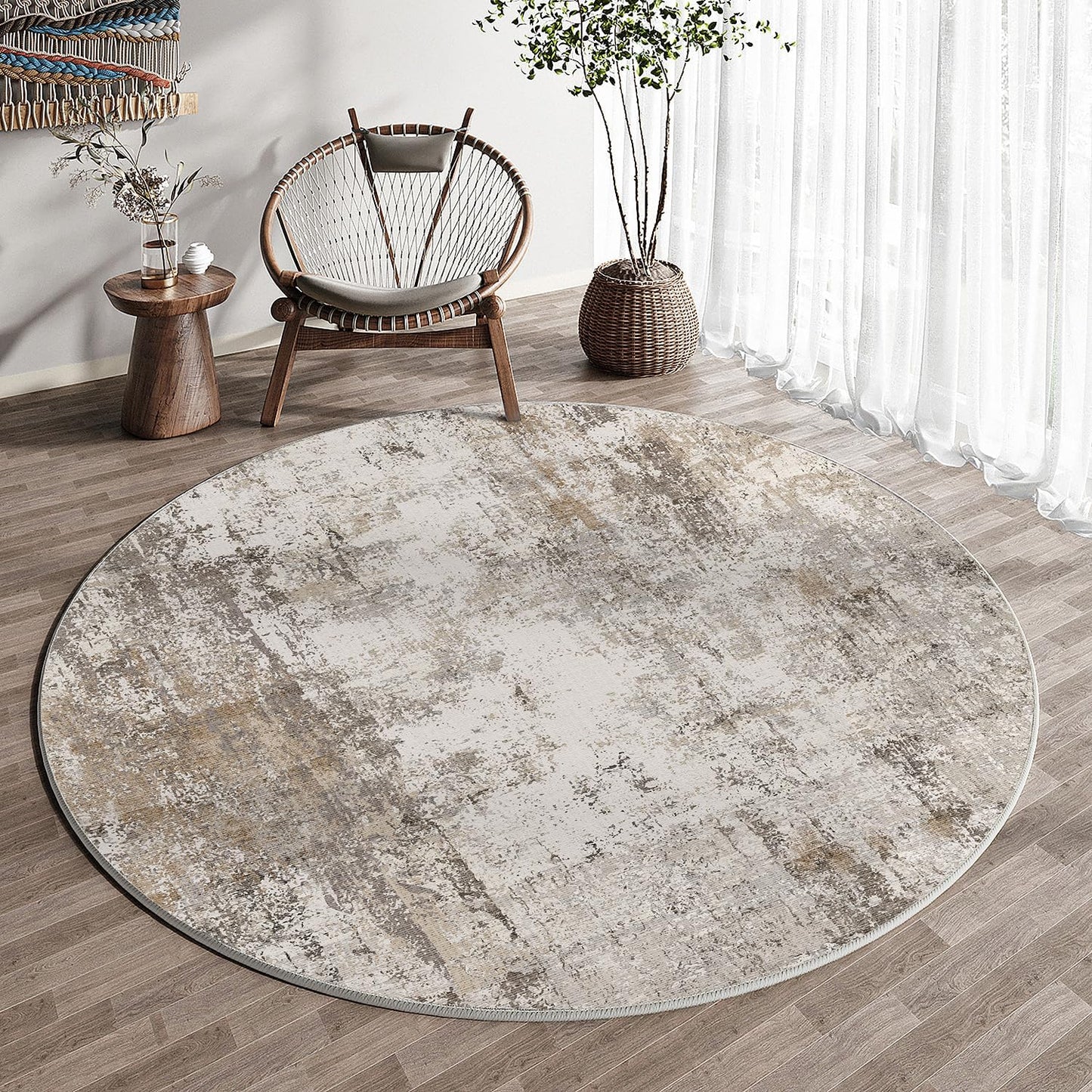 6x6 Washable Round Rug Brown Grey Neutral Abstract Living Room Bedroom Area Rug Non Slip Soft Low Pile Indoor Floor Carpet for Office Dining Room Kitchen Entryway