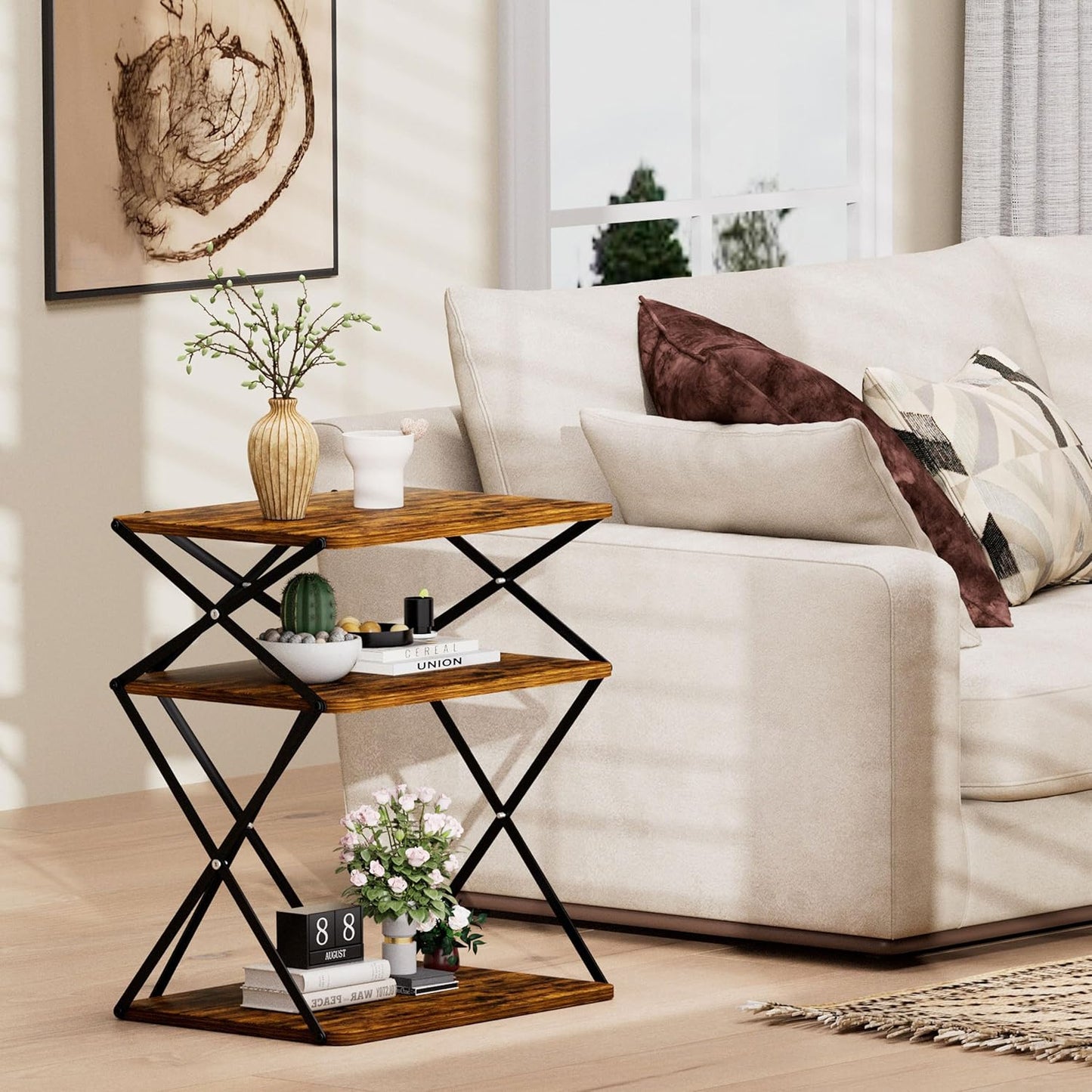 3-Tier End Table Small Side Table Tall Bedside Night Stand with Storage Sofa Side desks for Living Room Bedroom Office Bathroom Small Space Rustic Brown ET-04RB