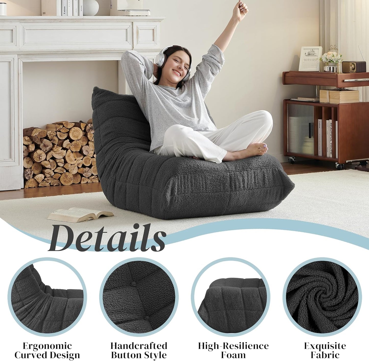 Bean Bag Chair, Fireside Chair Bean Bag Sofa for Adults, Bean Bag Chairs for Teens with High-Resilience Foam, Memory Foam & Non-Slip Base Bean Bag for Living Room, Bedroom, Office (Teddy, Dark Gray)