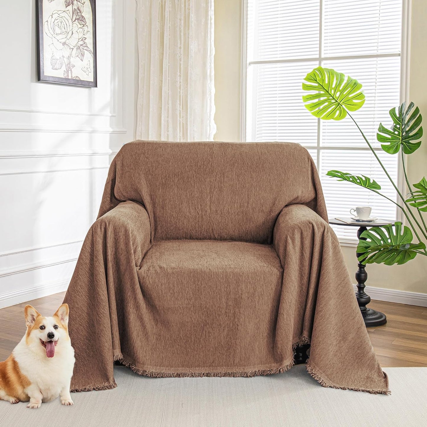 MYSKY HOME Oversized Armchair Couch Cover for 1 Cushion Couch, Washable Sofa Protector, Chair Couch Covers with Tassel Sofa Covers Sofa Throws Sofa Slipcovers Futon Cover for Pet, Kid, 71"X91", Camel