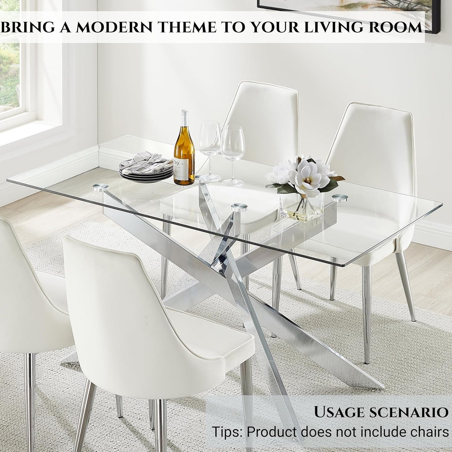 Edwin's Choice 58.5” Rectangle Glass Dining Table, Tempered Glass Tabletop and Metal Tubular Legs, Modern Style Table for Home, Kitchen, Dining Room 58.5”Lx29”Wx30”H, Silver