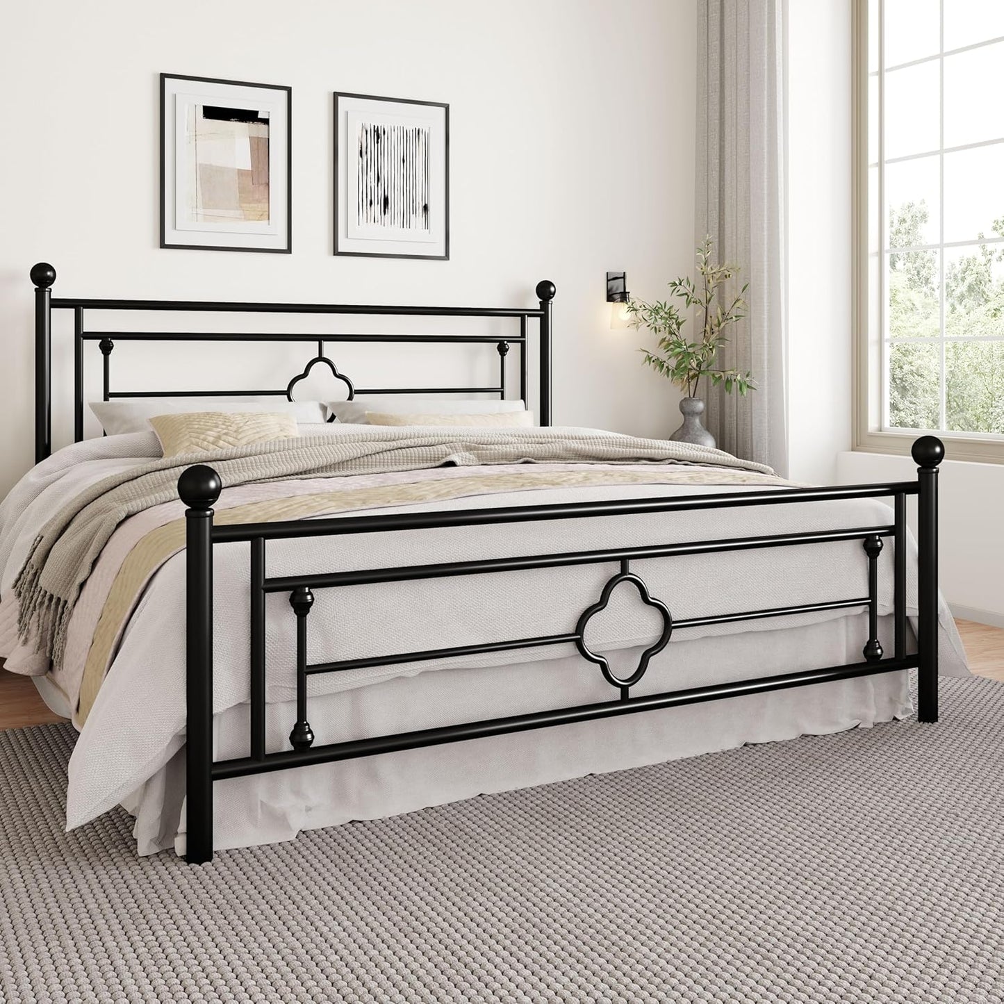 SHA CERLIN 14 Inches King Size Metal Platform Bed Frame/Vintage Iron-Art Headboard and Footboard/Mattress Foundation for Storage/No Box Spring Needed/Noise-Free/Easy Assembly/Black