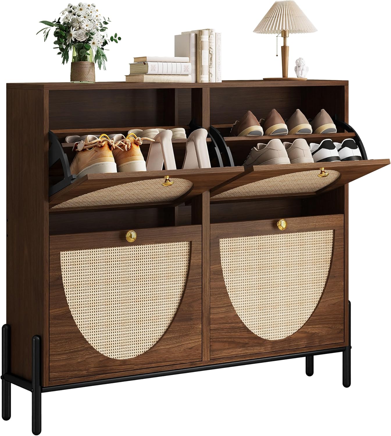 IRONCK Rattan Shoe Cabinet Storage with 4 Flip Drawers, Freestanding Shoe Storage Organizer Cabinet for Entryway, Narrow Shoe Rack Cabinet, Walnut