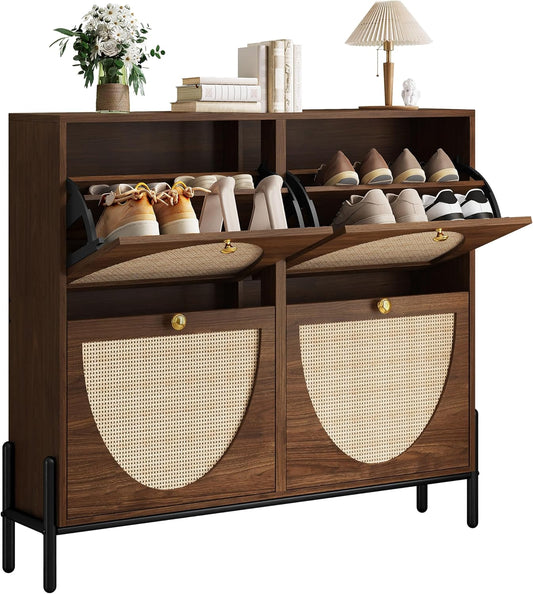 IRONCK Rattan Shoe Cabinet Storage with 4 Flip Drawers, Freestanding Shoe Storage Organizer Cabinet for Entryway, Narrow Shoe Rack Cabinet, Walnut