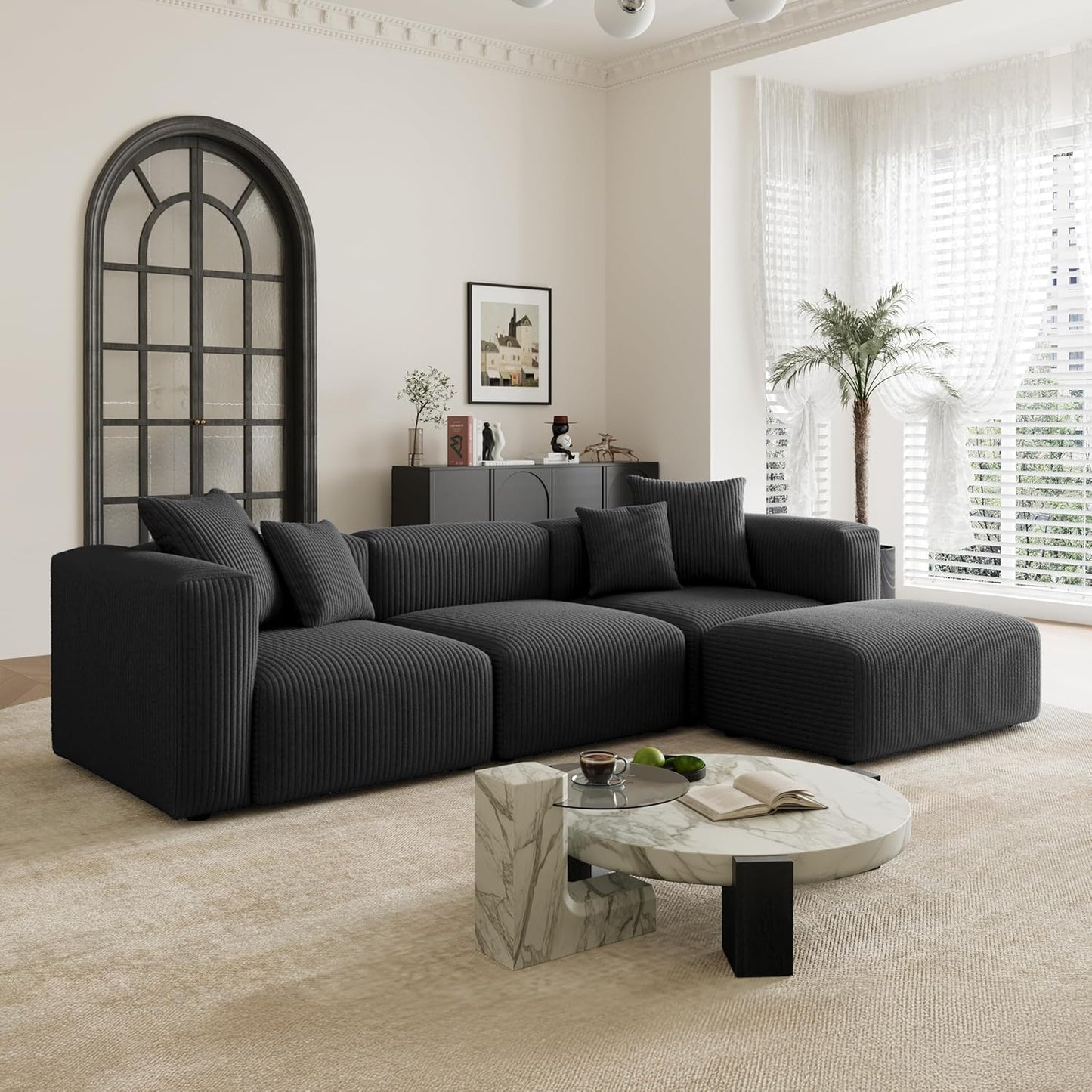 Acanva Convertible Modular Sectional Sofa with Movable Ottomans, Free Combination Corduroy Couch for Living Room Apartments, L-Shaped, Black