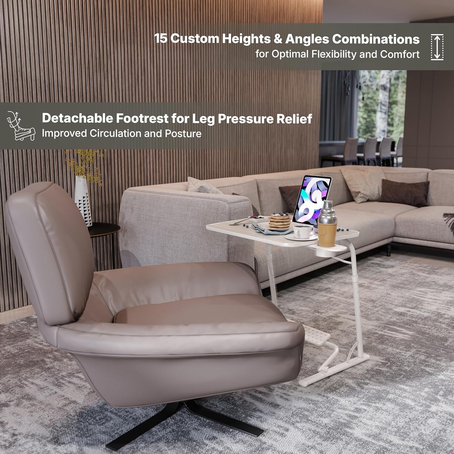 FoldWise Upgraded Folding TV Tray Table - Extra Large & Sturdy Laptop Table for Couch, Height & Angle Adjustable Desk for Dinner, Work & TV - Includes Footrest, Cup Holder, iPad Holder & Edge Stopper