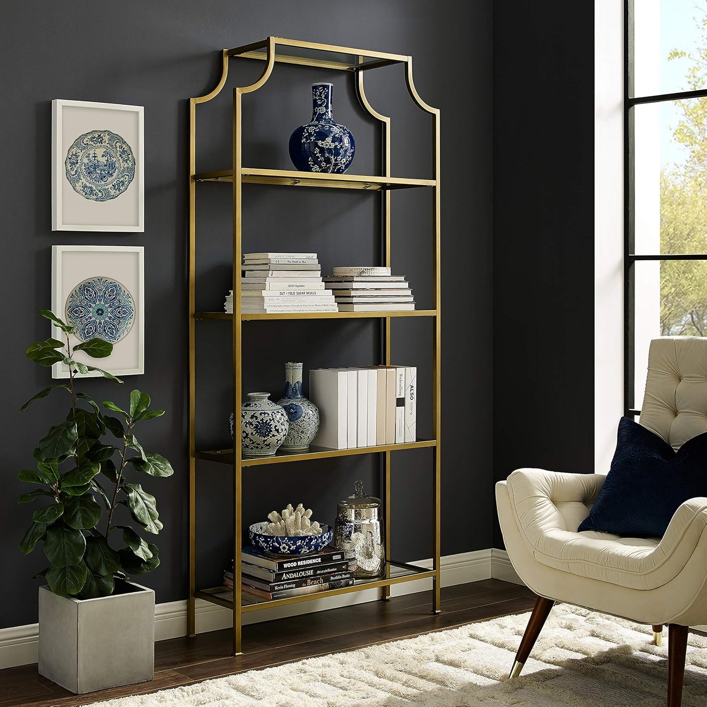 Crosley Furniture Aimee Bookshelf with Glass Shelves, Bookcase Storage, Gold and Glass