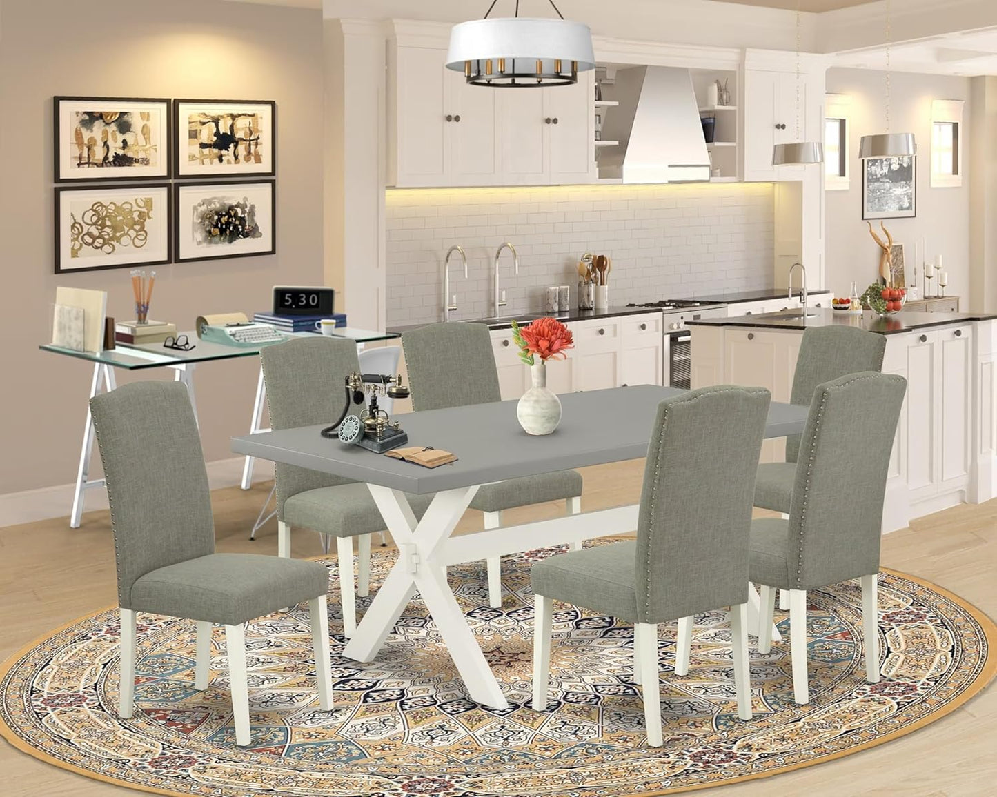 East West Furniture X097EN206-7 7 Piece Dining Room Table Set Consist of a Rectangle Kitchen Table with X-Legs and 6 Dark Shitake Linen Fabric Parson Dining Chairs, 40x72 Inch, Multi-Color