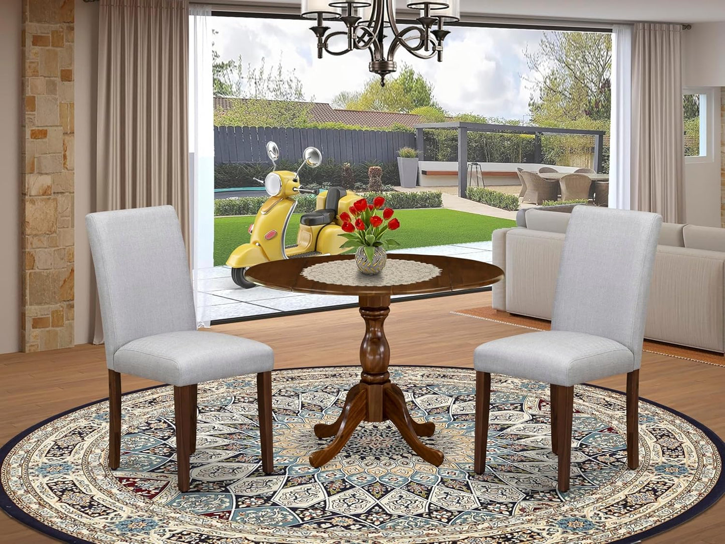 East West Furniture DMAB3-AWA-05 3 Piece Dinette Set for Small Spaces Contains a Round Dining Table with Dropleaf and 2 Grey Linen Fabric Parson Dining Chairs, 42x42 Inch, Walnut