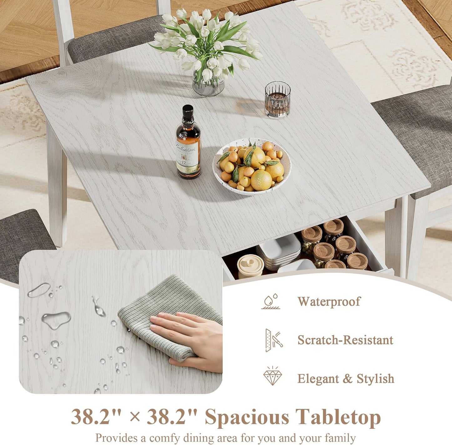 38.2'' Square Solid Wood Dining Table for 4, Farmhouse Kitchen Table for Kitchen, Dining Room, Restaurant, Natural Eco-Friendly, Washed Gray