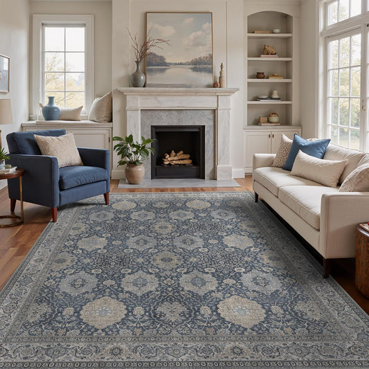 8X10 Area Rugs Machine Washable Rugs for Living Room, Vintage Boho Large Rugs for Bedroom Dining Room, Non Slip Indoor Soft Distressed Lightweight Thin Low Pile Carpet, Slate Blue