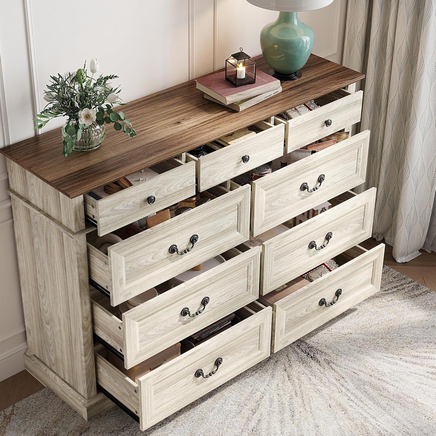LINSY HOME 9 Drawers Dresser for Bedroom, 54" Wide Wooden Storage Chest with Antique Handles, Modern Farmhouse Large Dresser TV Stand, Chest of Drawers for Closet, Living Room, Hallway, Beige
