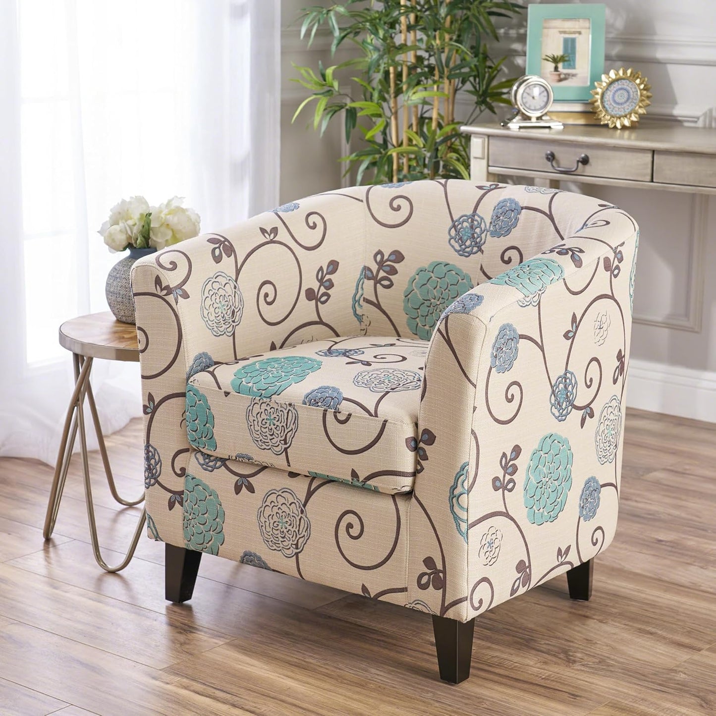Ball & Cast Upholstered Arm Chair,Classic American Style Flower Design Fabric Dining Chair,Comfy Farmhouse Accent Chair with Padded Seat and Backrest for Living Room Kitchen,White+Blue