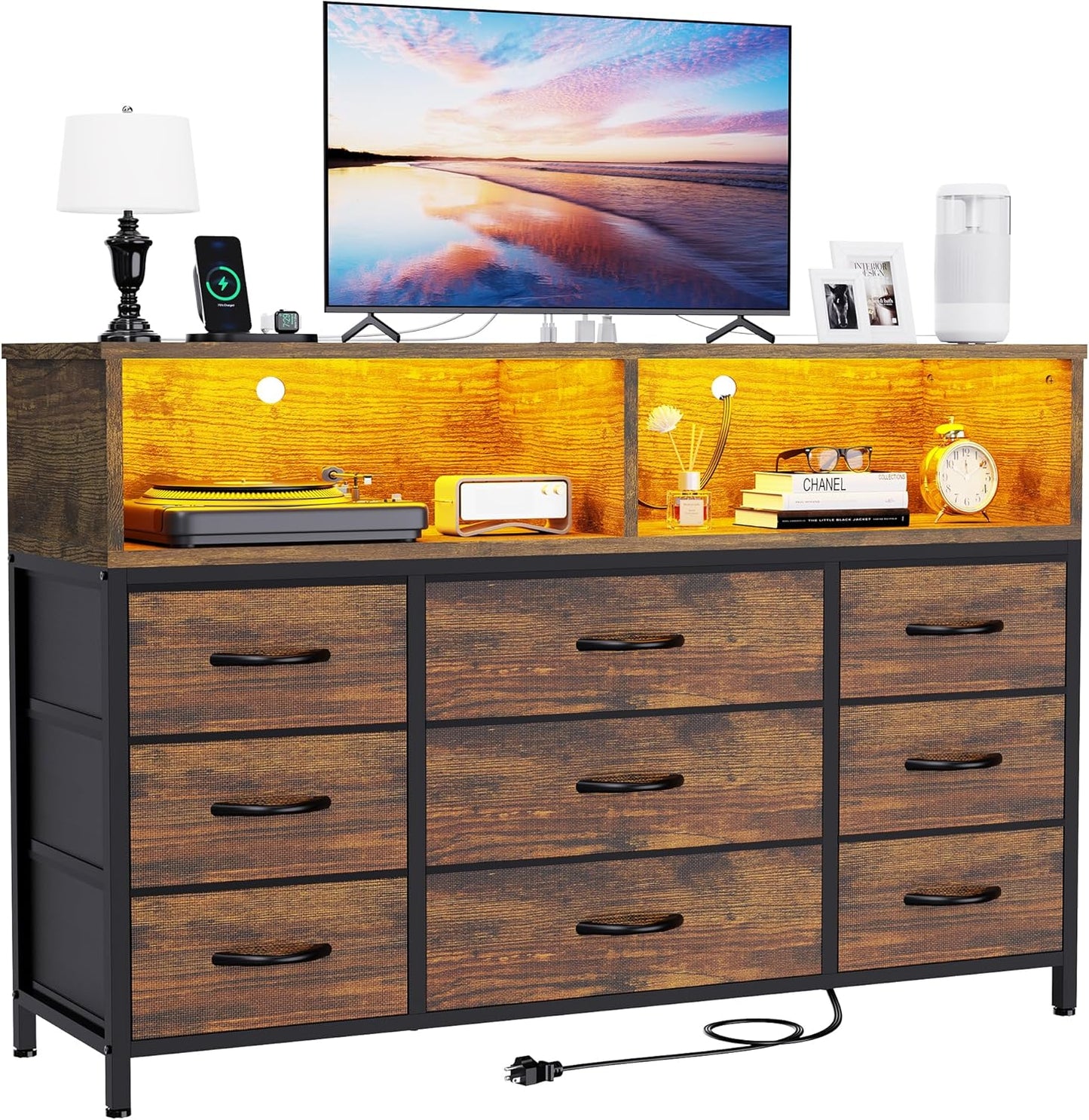 Dresser for Bedroom, 9 Drawers Led Dresser TV Stand with Power Outlets and LED Lights, Long Fabric Dressers Wide Chest of Drawers with Large Organizer for Living Room, Entryway, Hallway