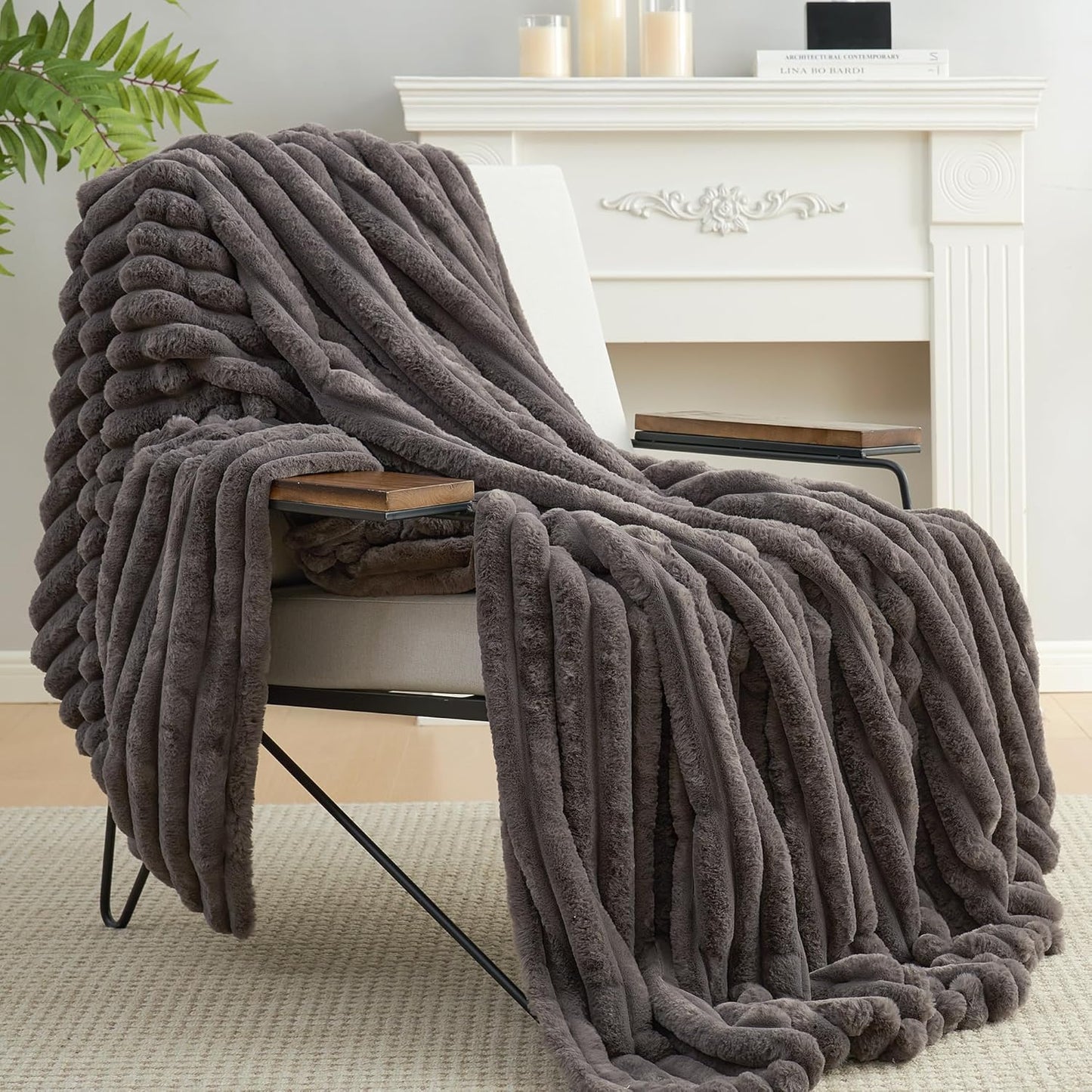 Amélie Home Faux Fur Throw Blanket for Couch, Cozy Fuzzy Fluffy Fur Luxurious Soft Striped Plush Gift Blankets for Family Sofa Chair Bed Living Room Bedroom, 60"x80", Charcoal Grey