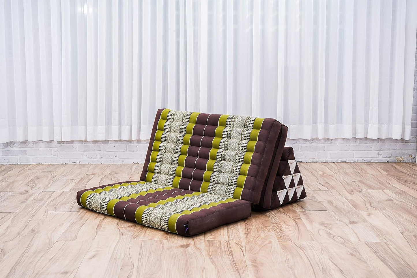 Leewadee 3-Fold Mat XXL with Triangle Cushion – Firm TV Pillow, Foldable Mattress with Cushion Made of Kapok, 67 x 31 inches, Brown Green
