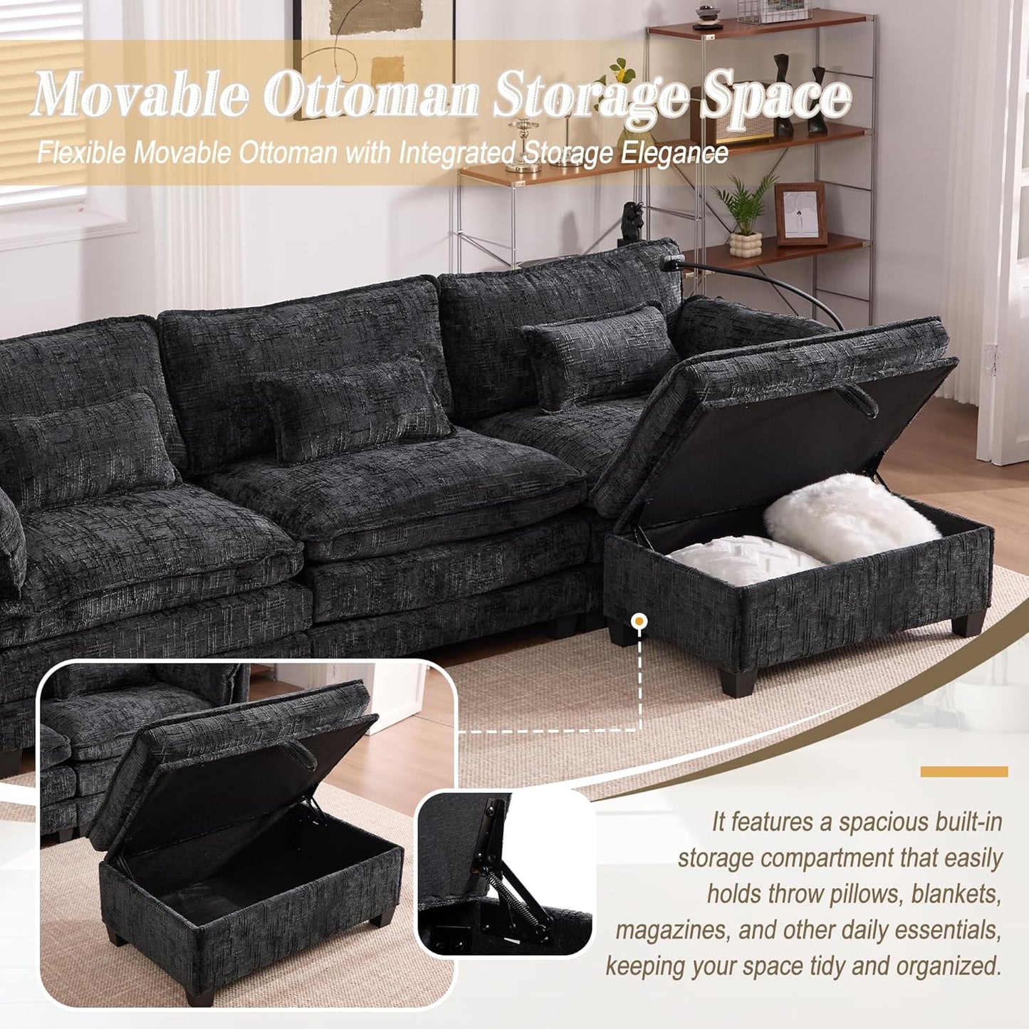 Ball & Cast Modular Sectional Sofa,Comfy Cloud Couch with Movable Storage Ottoman,L Shaped Sectional Sofa W/USB Charging Port,Phone Holder and Side Pocket,Chenille Fabric,for Living Room,Black,109"