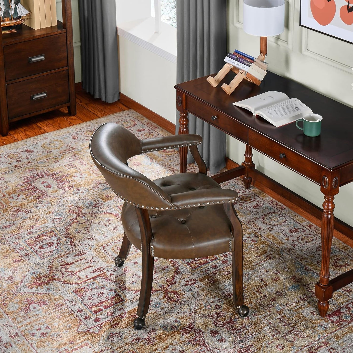 LEEMTORIG Large Dining Chairs with Casters and Arms, Rolling Dining Chairs with Wheels, Game Poker Table Chairs, Boss Caption's Chairs, 26"D x 25.2"W x 31.5"H, Espresso Legs & Choalate PU, XXY-1910-BN