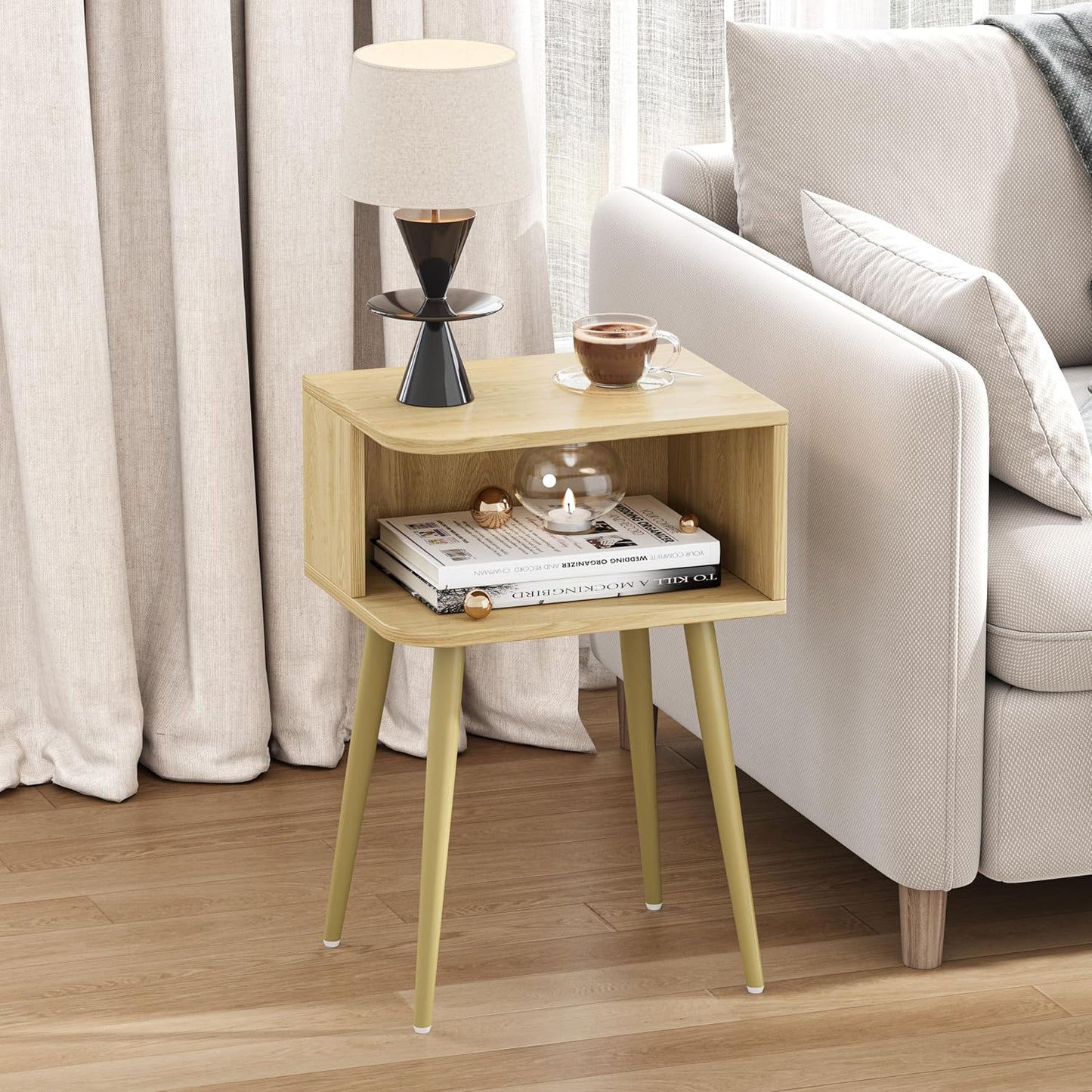 Natural Nightstand Set of 2, Small Bed Side Table for Small Spaces, Mid Century Modern Nightstand End Table with Open Storage, Side Table for Bedroom Living Room, MLBZ20Y-2