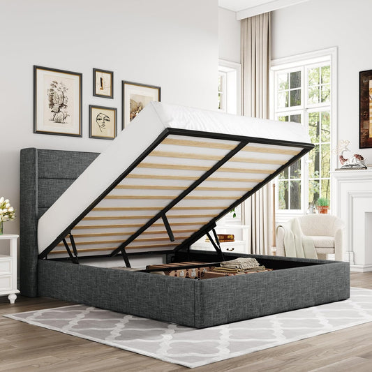 Allewie Queen Size Lift Up Storage Bed, Modern Wingback Headboard, Hydraulic Support, No Box Spring Needed, Dark Grey