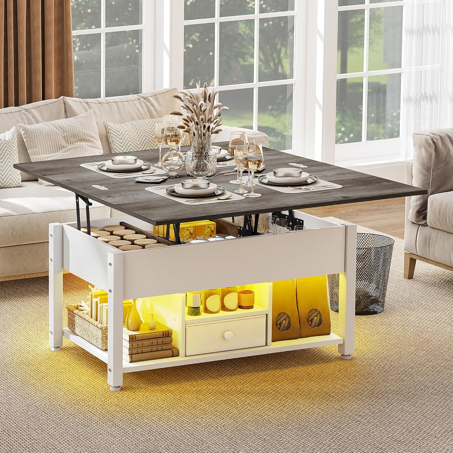 YITAHOME 4-in-1 Lift Top Coffee Table with RGB Light & Dual Tops, Multi-Function Table with Power Outlets, Storage, Converts to Dining Table Computer Desk Gaming Hub, Living Room, Home Office, White