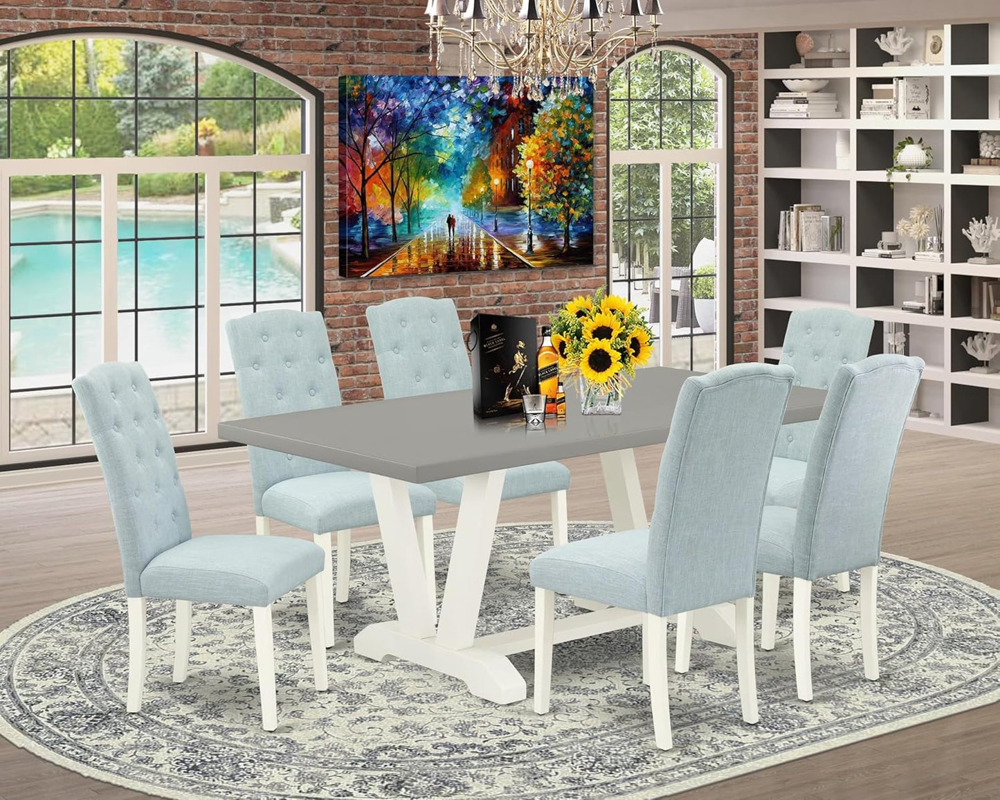 East West Furniture V097CE215-7 7 Piece Kitchen Table Set Consist of a Rectangle Dining Table with V-Legs and 6 Baby Blue Linen Fabric Parson Dining Room Chairs, 40x72 Inch, Multi-Color