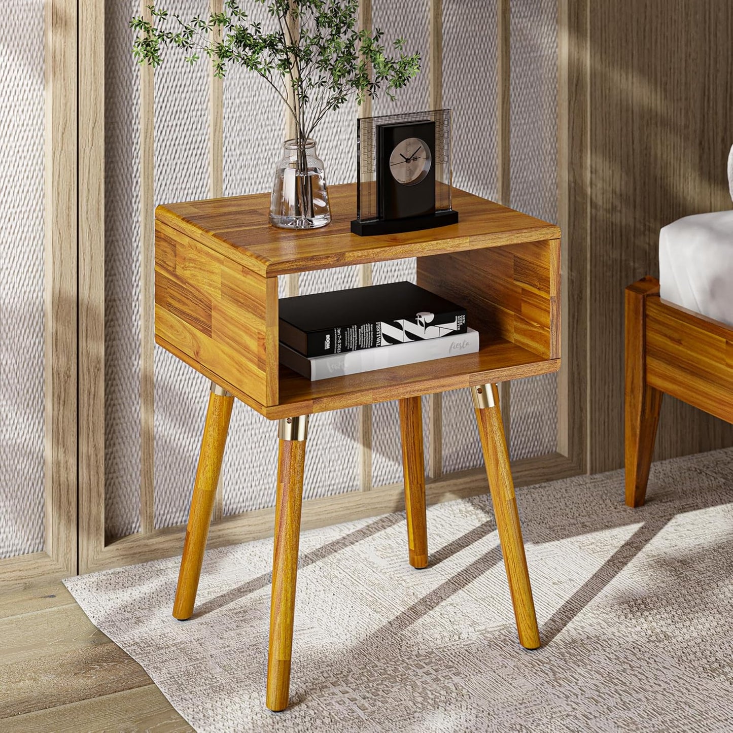 Bme Dinkee Solid Wood Nightstand, Fully Assembled, Without Drawer for Mid Century Bedroom and Living Room, Caramel
