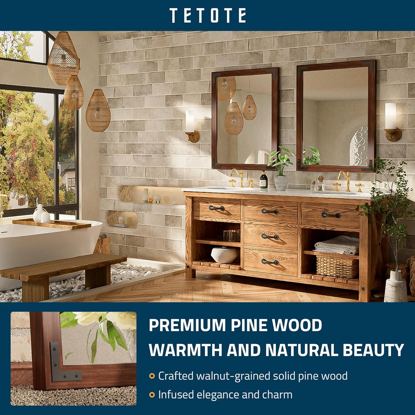 TETOTE 24 x 36 Walnut Wood Framed Mirror for Bathroom Wall/Bedroom/Living Room/Entryway Farmhouse Rustic Bathroom Vanity Mirror Waterproof (Horizontal/Vertical Mounted)