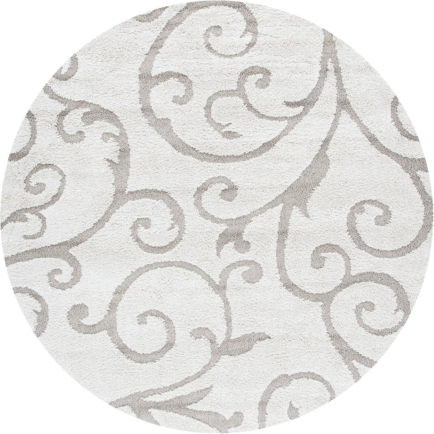 SAFAVIEH Florida Shag Collection Area Rug - 6'7" Round, Ivory & Beige, Scroll Design, Non-Shedding & Easy Care, 1.2-inch Thick Ideal for High Traffic Areas in Living Room, Bedroom (SG455-13LT)