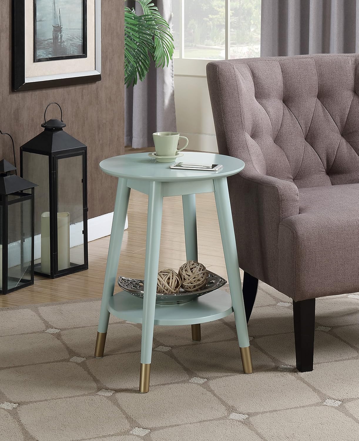 Convenience Concepts Wilson Mid Century Round End Table with Bottom Shelf, Sea Foam