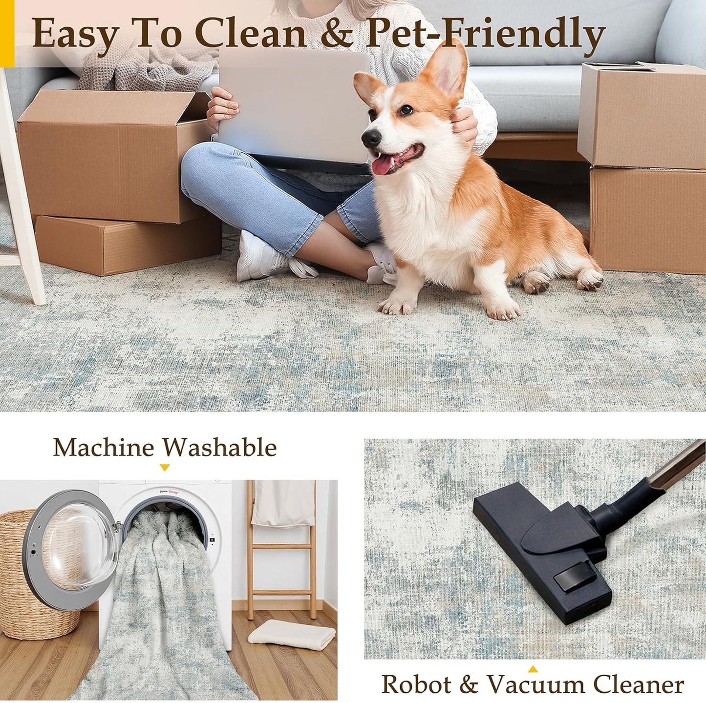 6x9 Washable Area Rug Blue Cream Modern Neutral Abstract Living Room Bedroom Indoor Floor Carpet Low Pile Soft Non-Slip Lightweight Vacuumable Throw Rug for Nursery Dining Room Office