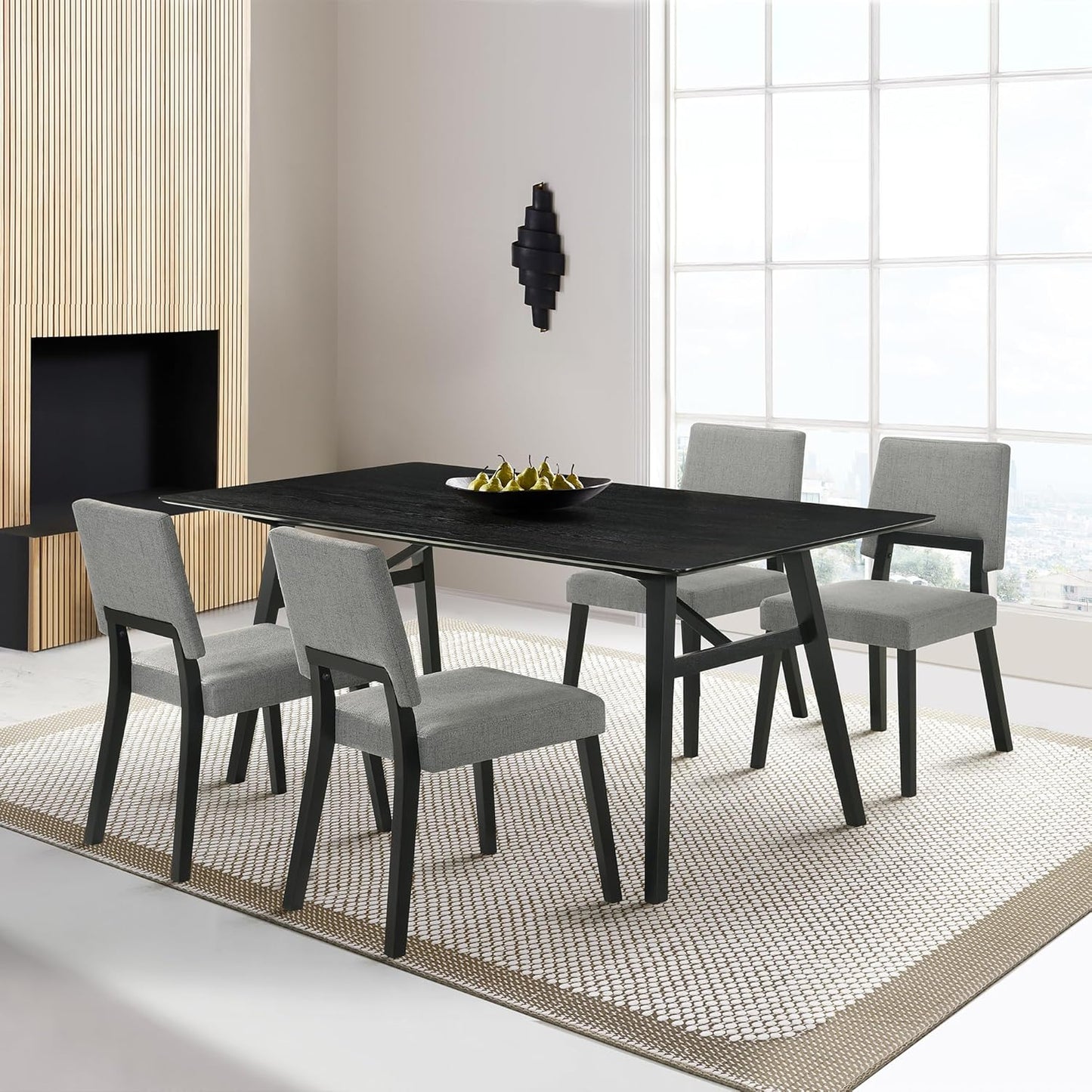 Armen Living Channell Mid Century Modern 5 Piece Black Wood Dining Table Set with Charcoal Fabric