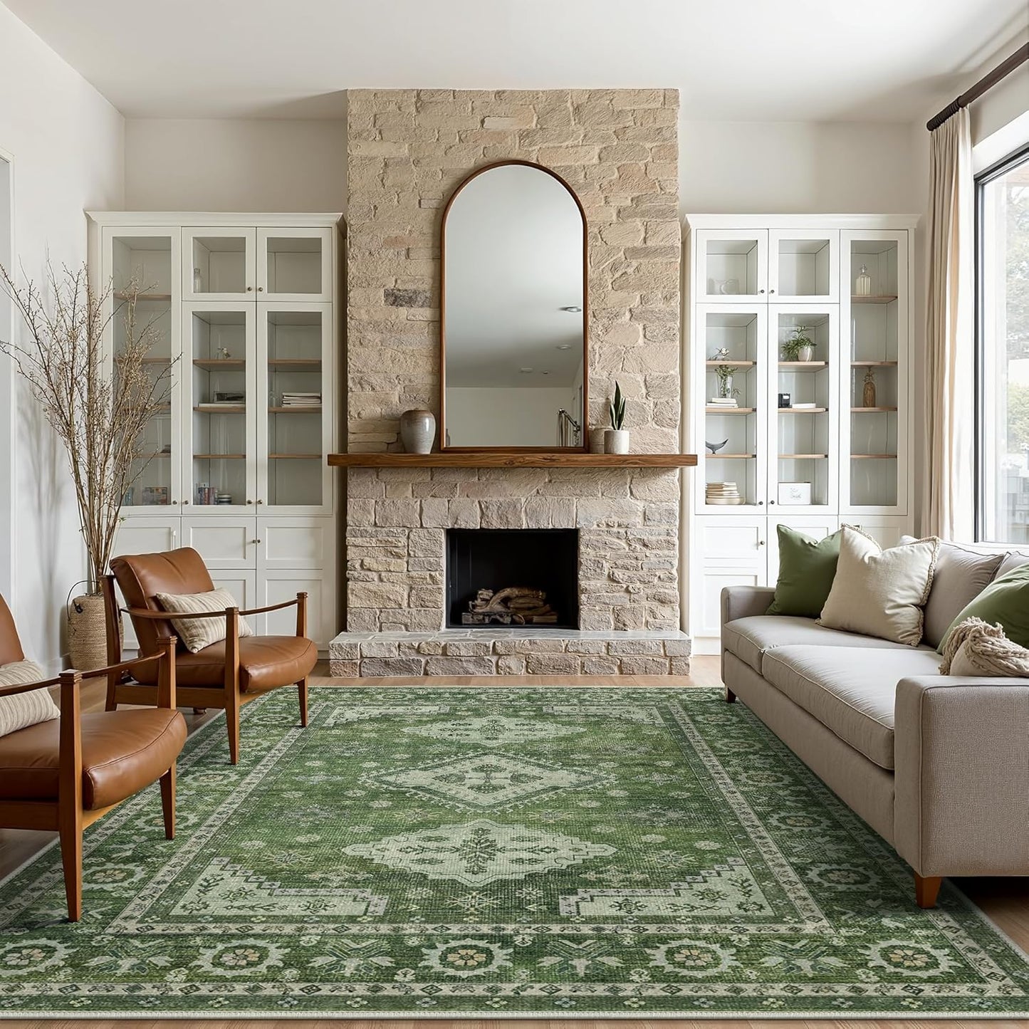 GENIMO Washable Rug 8X10 Area Rugs for Living Room Bedroom, Machine Washable Area Rug, Print Vintage Tribal Aesthetic Carpet, Low Pile Mat with Non Slip Rubber Backing, Distressed Green