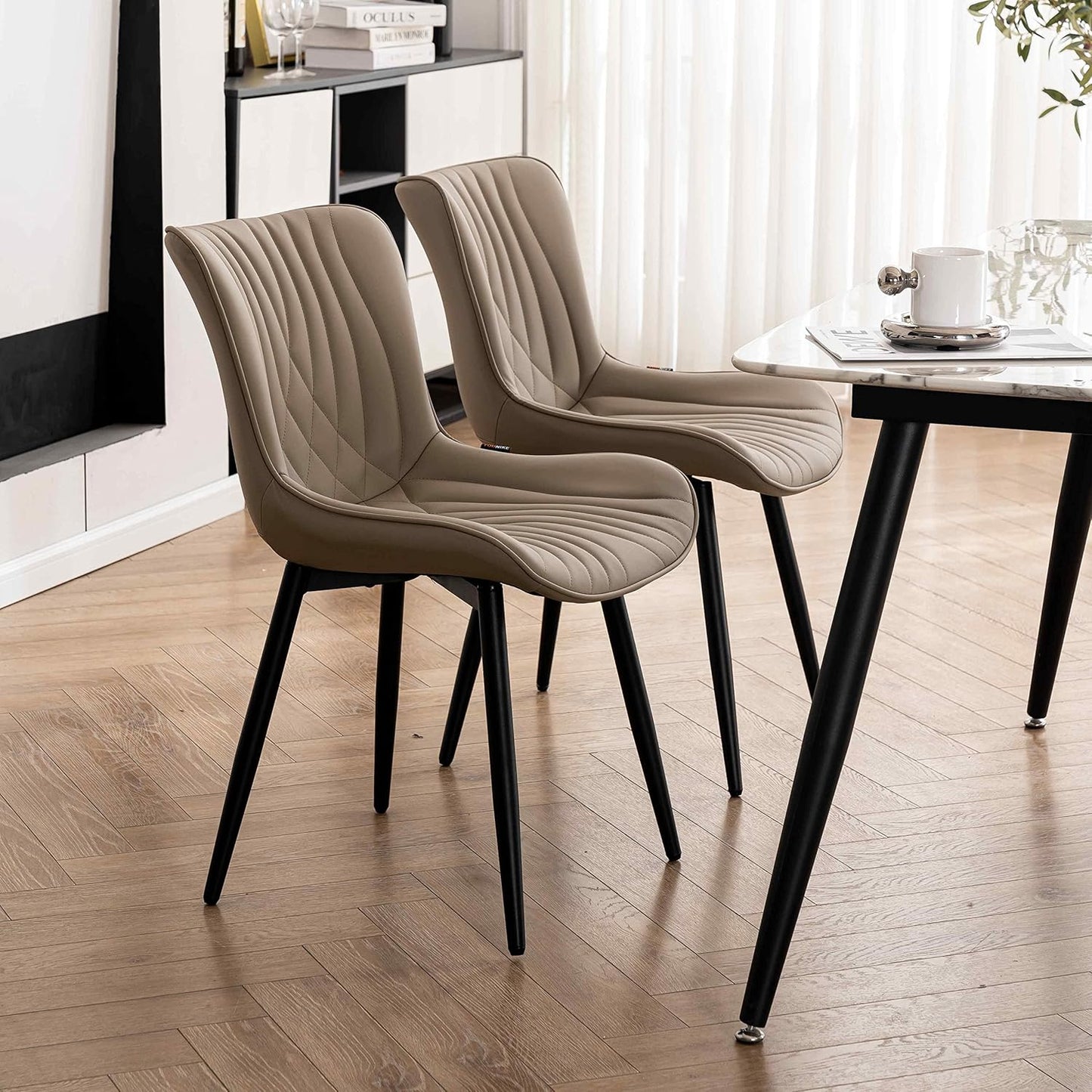 YOUTASTE Dining Chairs Set of 2 Upholstered Mid Century Modern Kitchen Dining Room Chairs Armless Faux Leather Accent Chairs Metal Vanity Lounge Chair with Back for Living Room Bedrooms,Khaki