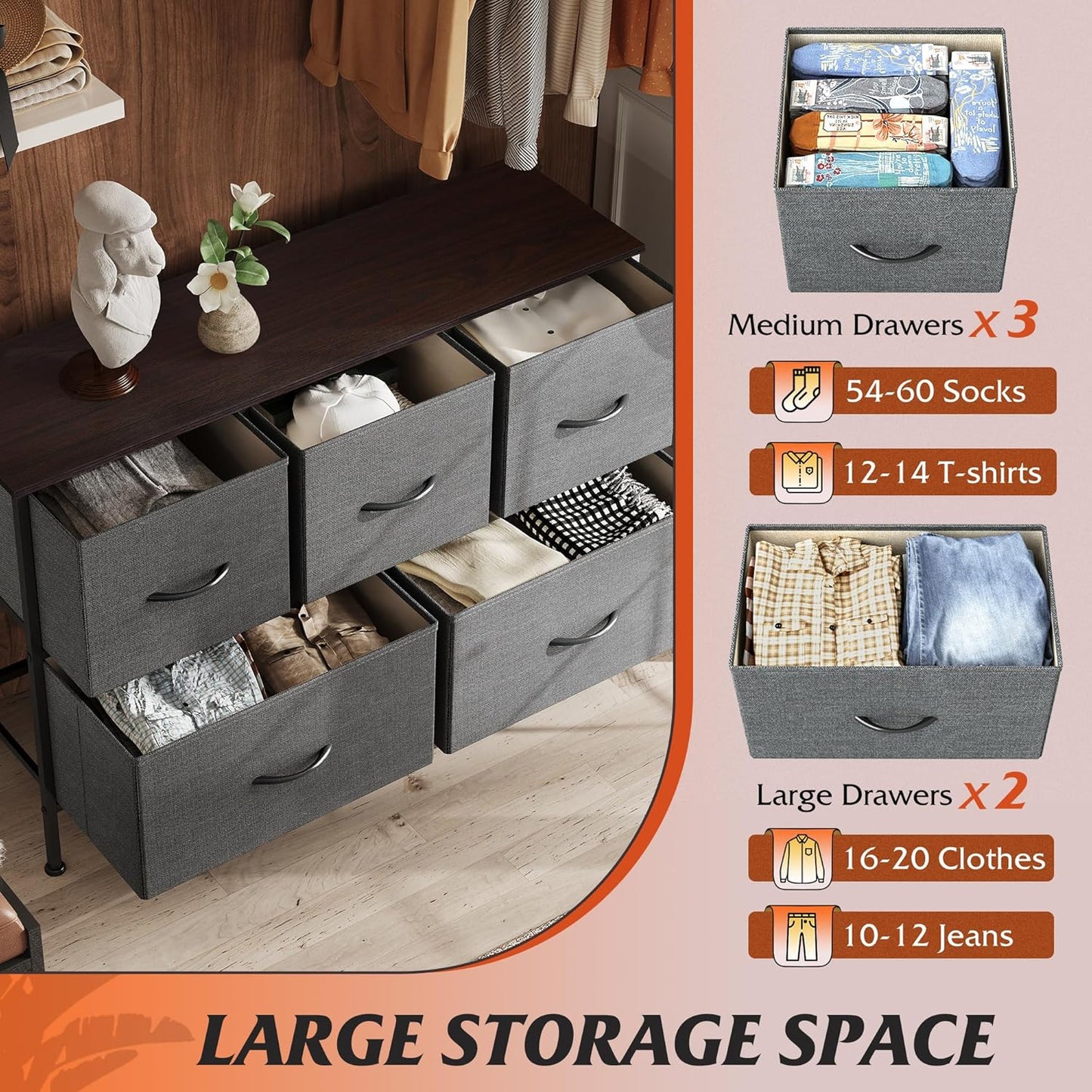 WLIVE Dresser for Bedroom with 5 Drawers, Long Storage Tower Organizer Unit, Fabric Dresser, Storage Drawer Unit with Fabric Bins for Closet, Hallway, Dark Grey, Size L