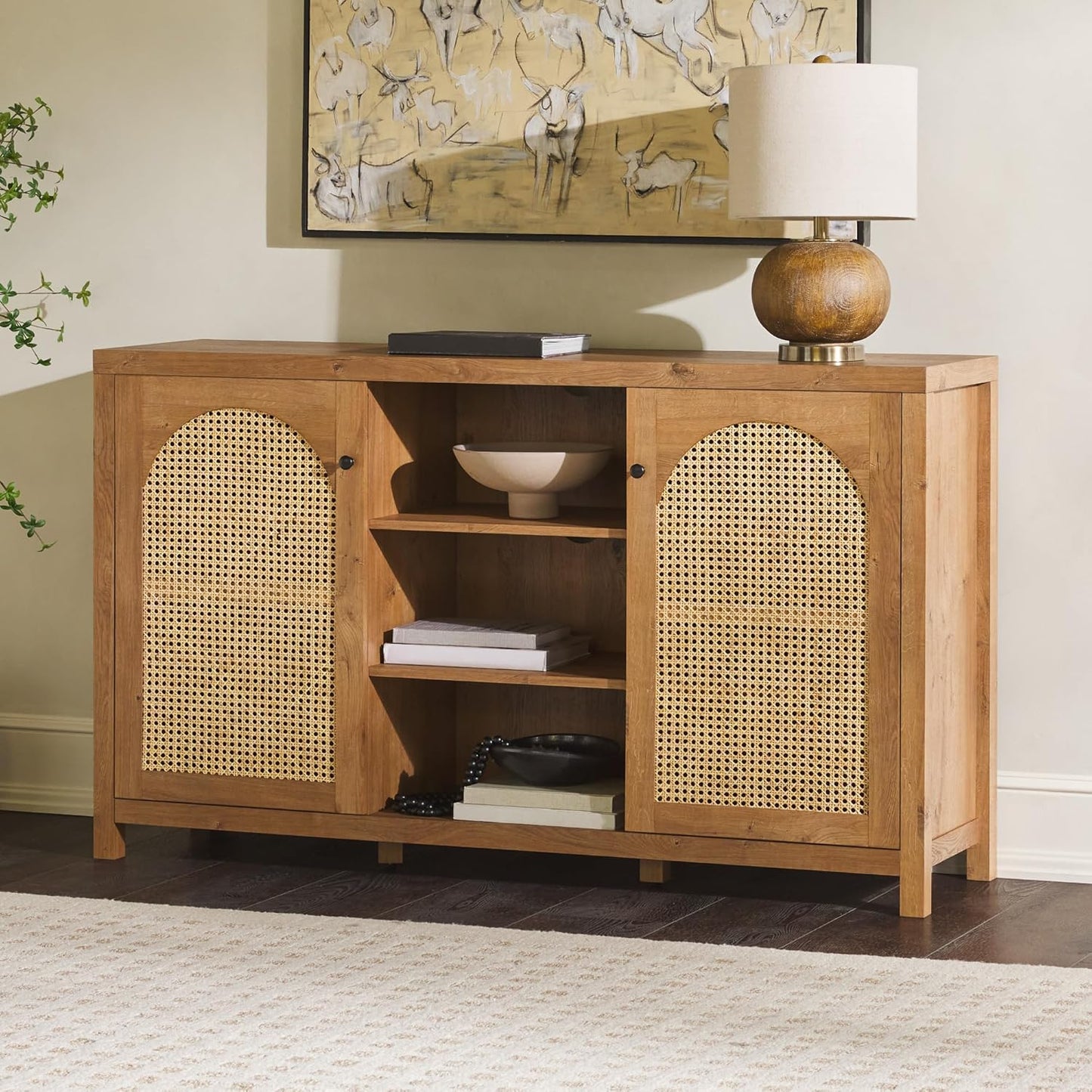 Walker Edison Sasha 2-Door Sideboard Buffet with Arched Rattan Panels, 58 Inch, English Oak