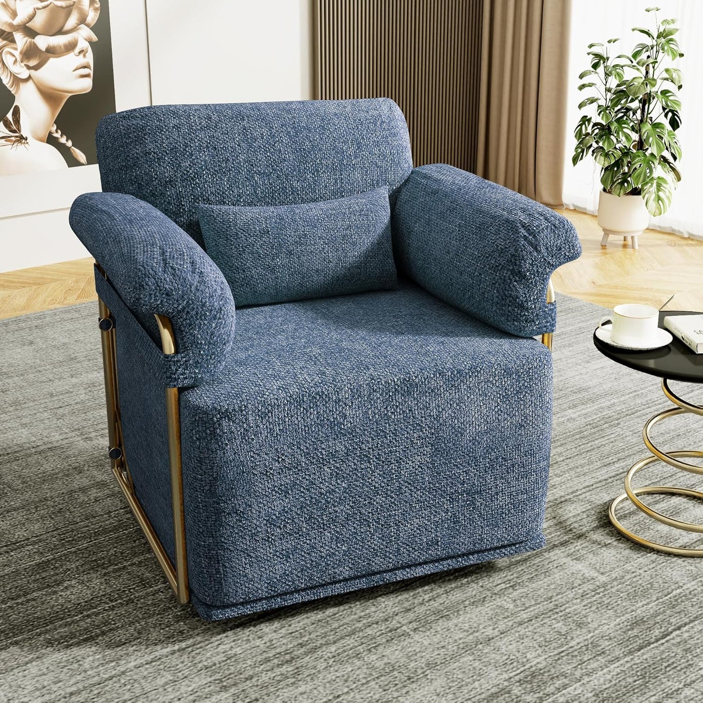 KEIKI Modern Comfy Swivel Accent Reading Chair with Waist Pillows, 360°Square Upholstered Barrel Armchair Single Club Lounge Sofa Chairs for Living Room,Bedroom,Office,Blue