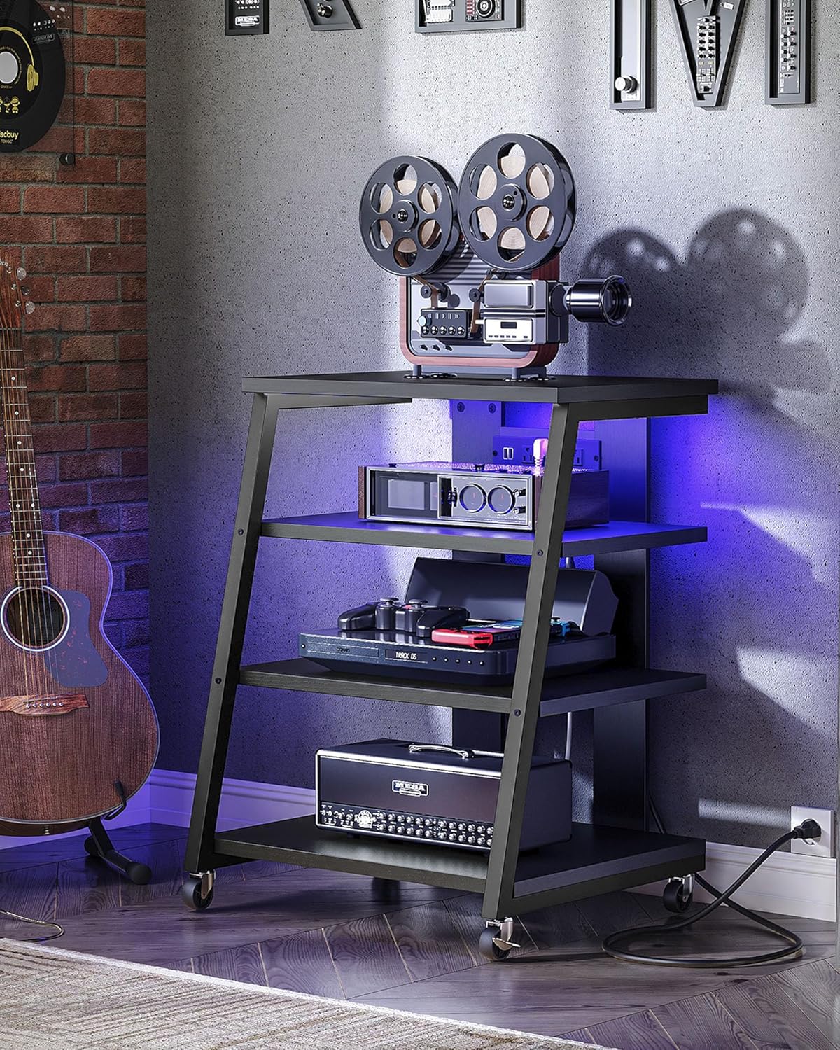 4-Tier AV Media Stand with Wheels, Stereo Stands, Media Console Shelf with Power Strips, LED Lights, Wooden Audio Cabinet Rack Tower for Record Player/Apple TV/ps4, Black TCJ60UDBB