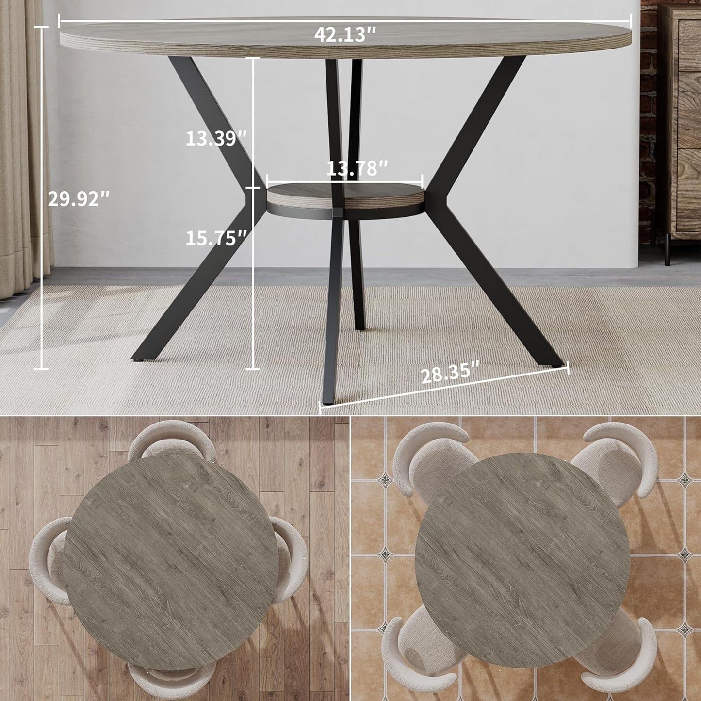 Round Dinner Table for 4, 42 Inch Kitchen & Dining Room Table with Storage, Wooden Circle Dining Table, Mid Century Modern Dining Table with Metal Legs for Kitchen, Living Room, Dining Room, Grey