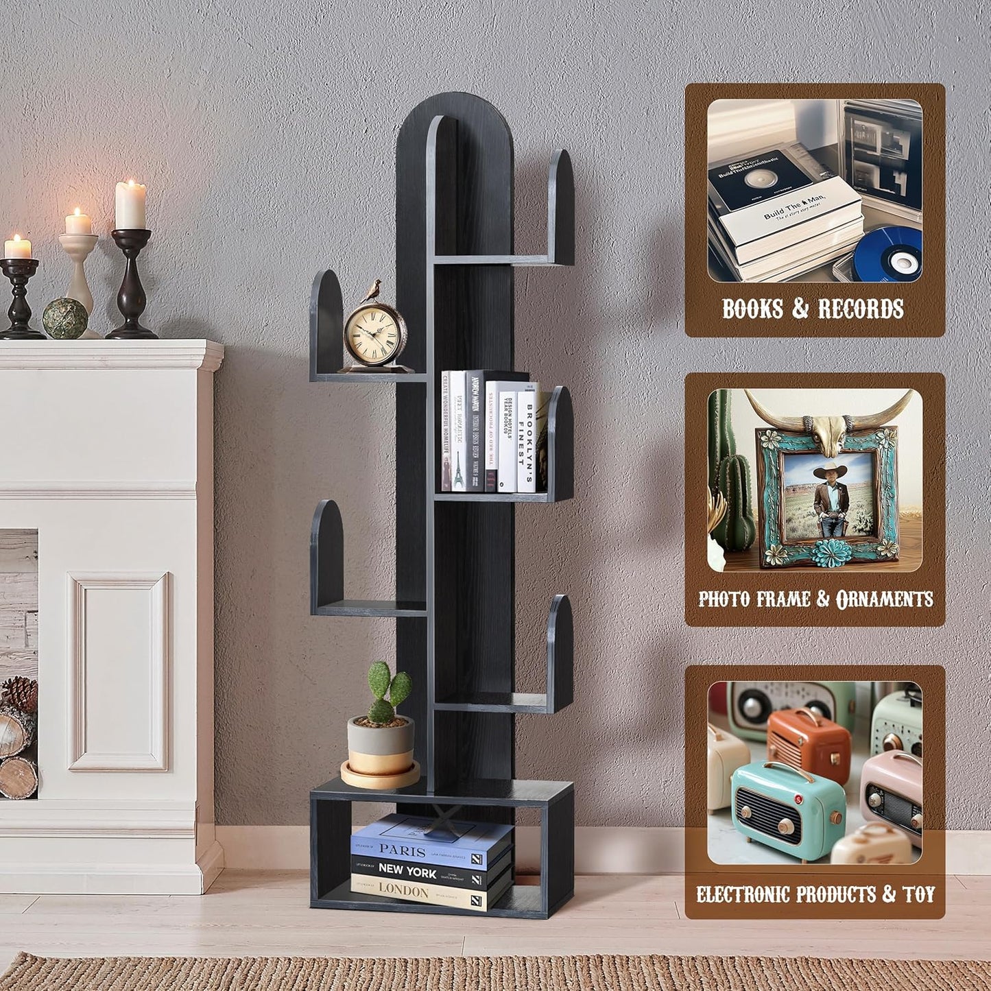 Cactus Tree Bookshelf, 5-Tier Wood 50" Tall Book Corner Storage Rack for CDs/Movies/Books, Small Space-Saving Organizer Shelves for Living Room, Bedroom, Home Office (Black)